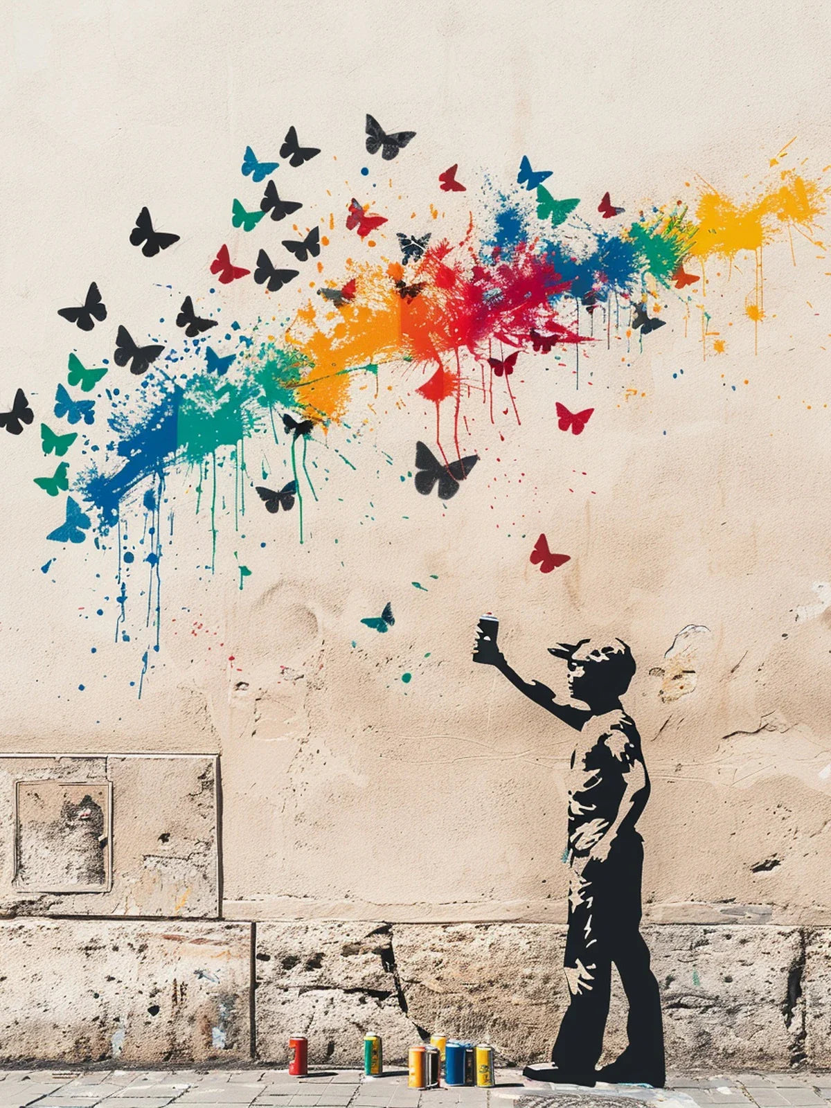 Street art of boy spray-painting colorful butterflies on urban wall.