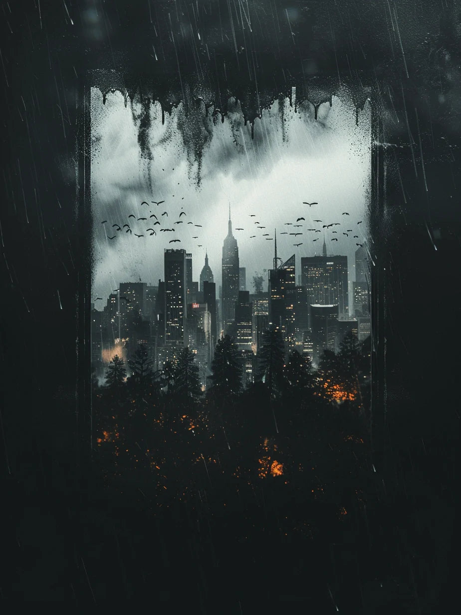 Dark cyberpunk cityscape with tall skyscrapers with rainy skyline and glowing urban lights.