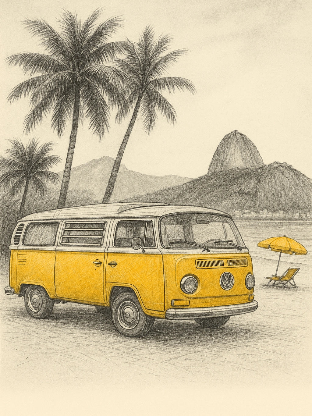 Yellow vintage VW van by the Copacabana beach in Rio de Janeiro with palm trees.