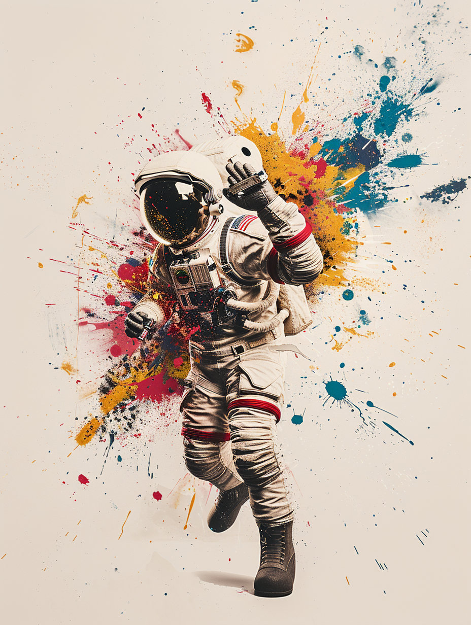 Astronaut floating amid vibrant pop art paint splashes.