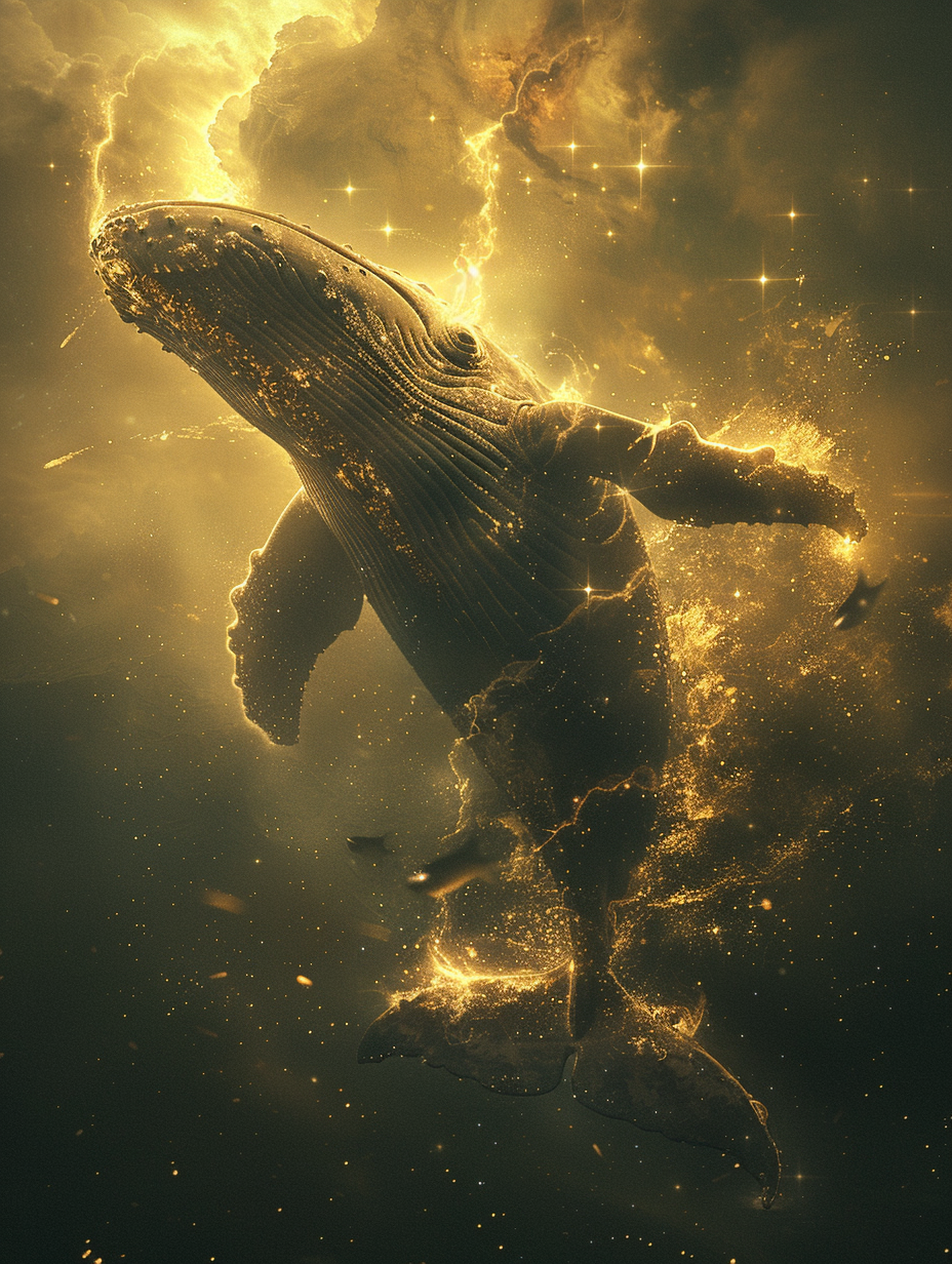 Majestic cosmic whale glowing with golden astral energy in space.
