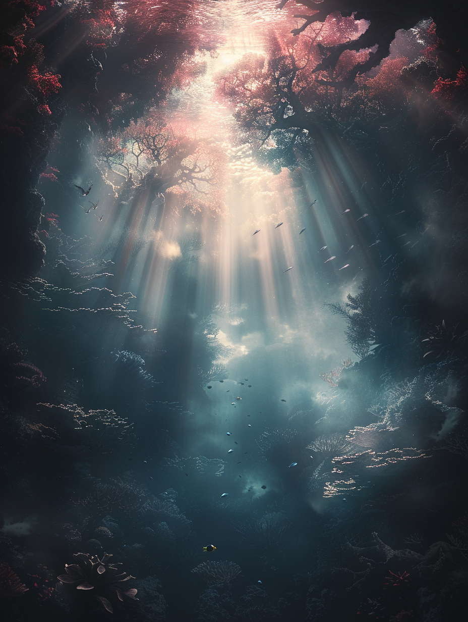 Sunlit underwater scene with coral reefs and marine life in deep ocean.