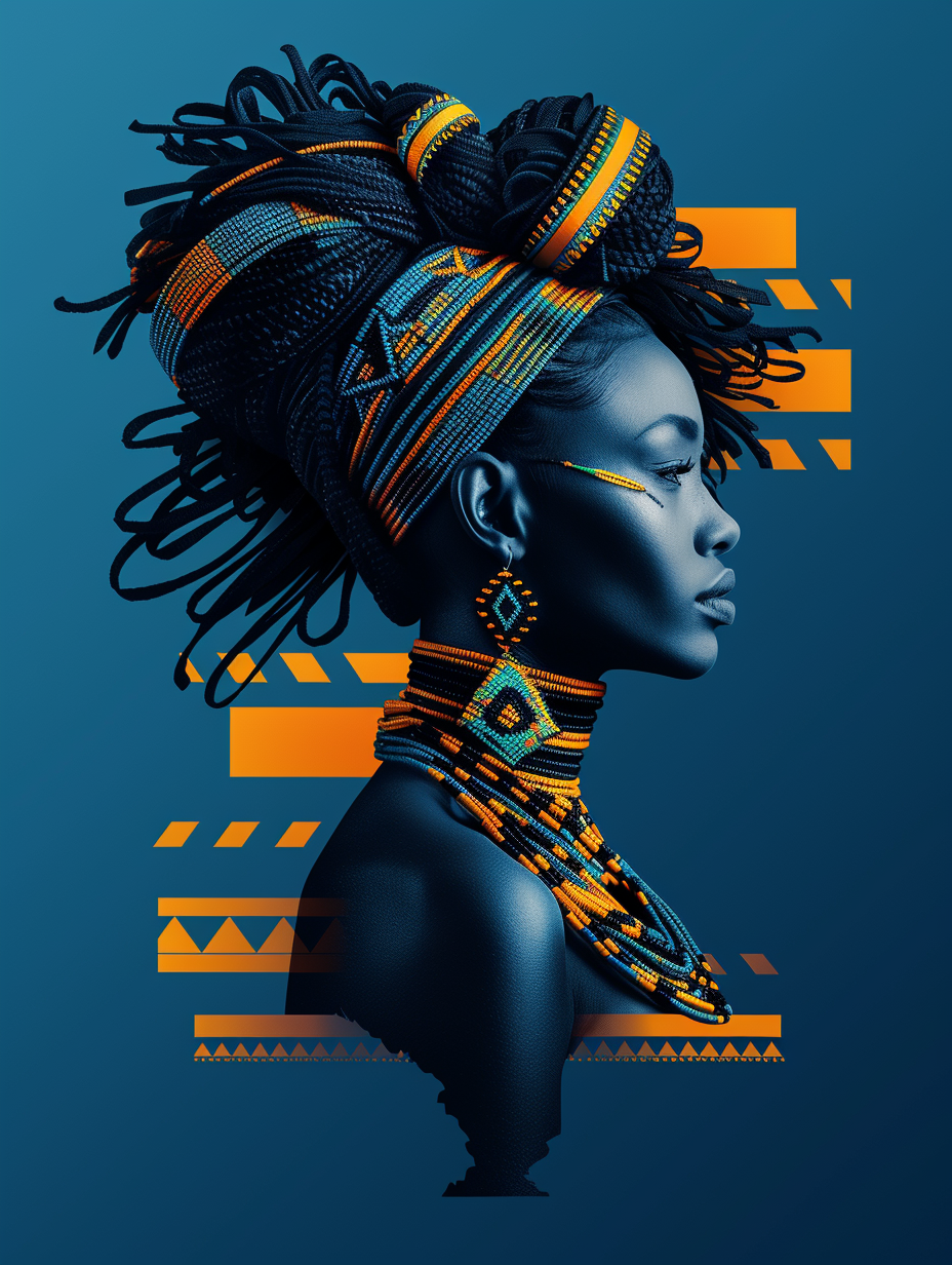 Afro-futuristic woman in vibrant tribal jewelry and modern digital patterns.