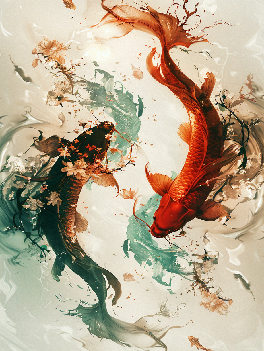 Ethereal koi fish swimming in harmony with floral and spiritual elements.