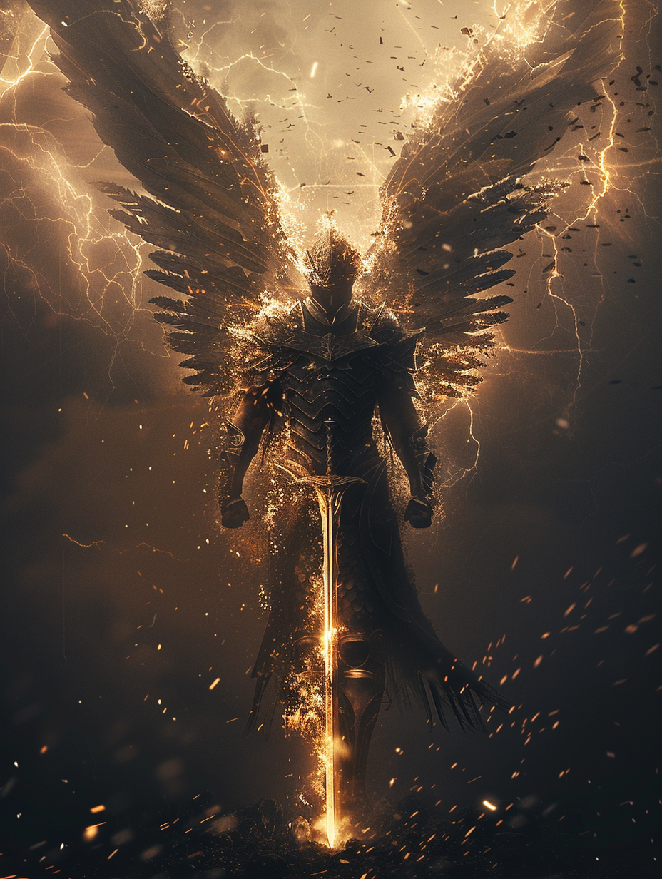 Dark armoured angel with fiery wings and glowing sword in stormy skies