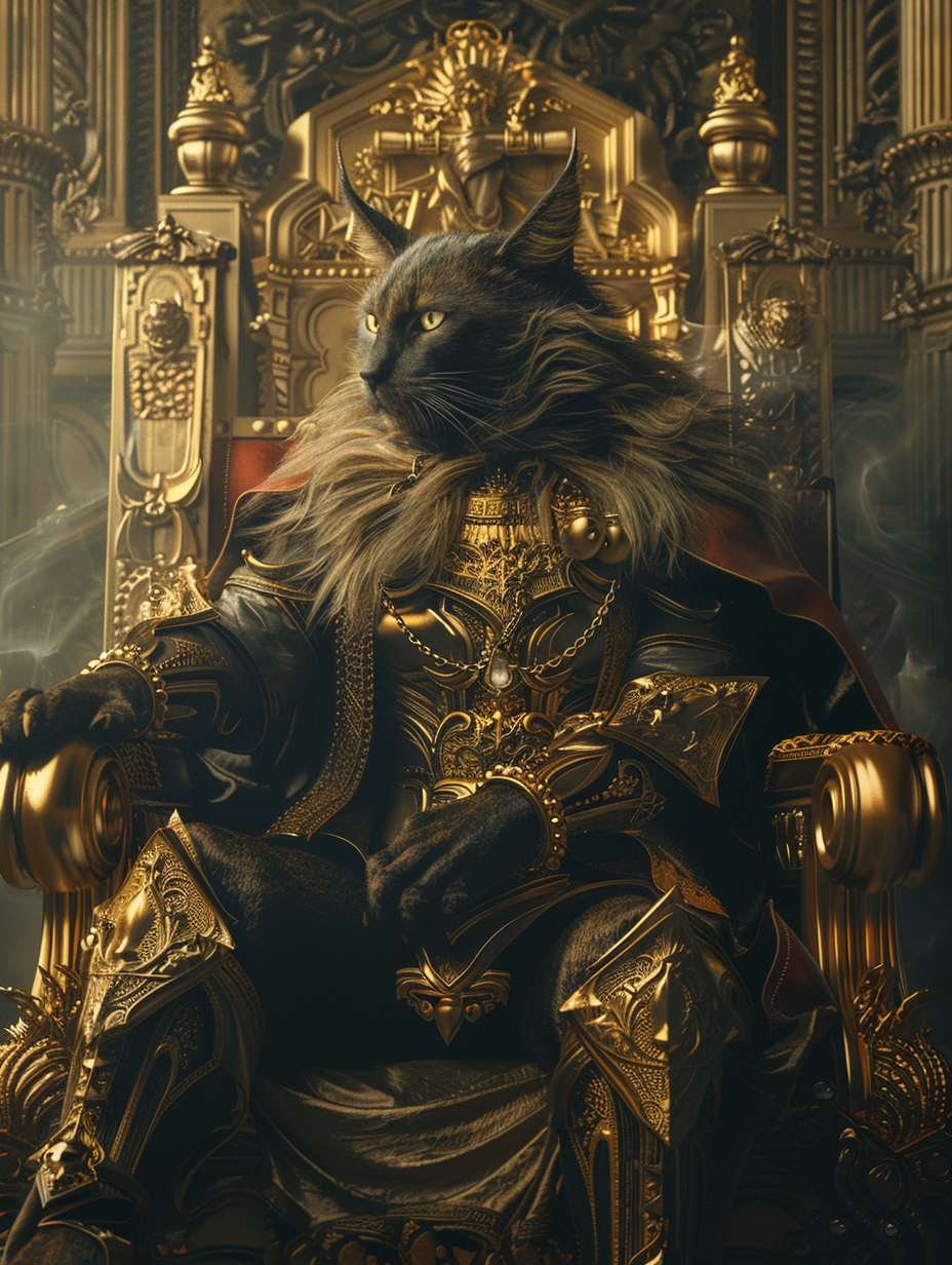 Majestic cat dressed in ornate golden armour seated on a royal throne.