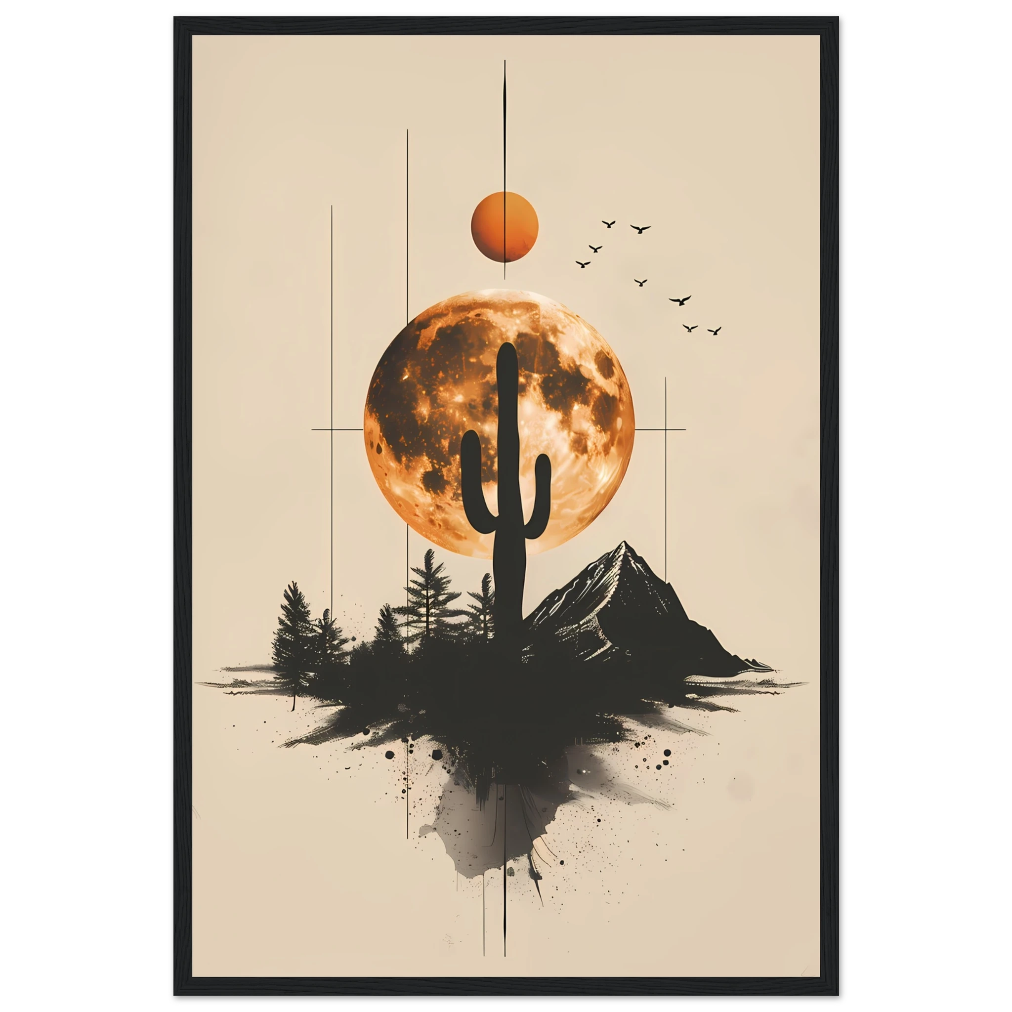 Stylised cactus design with geometric lines and muted tones — minimalist desert art.