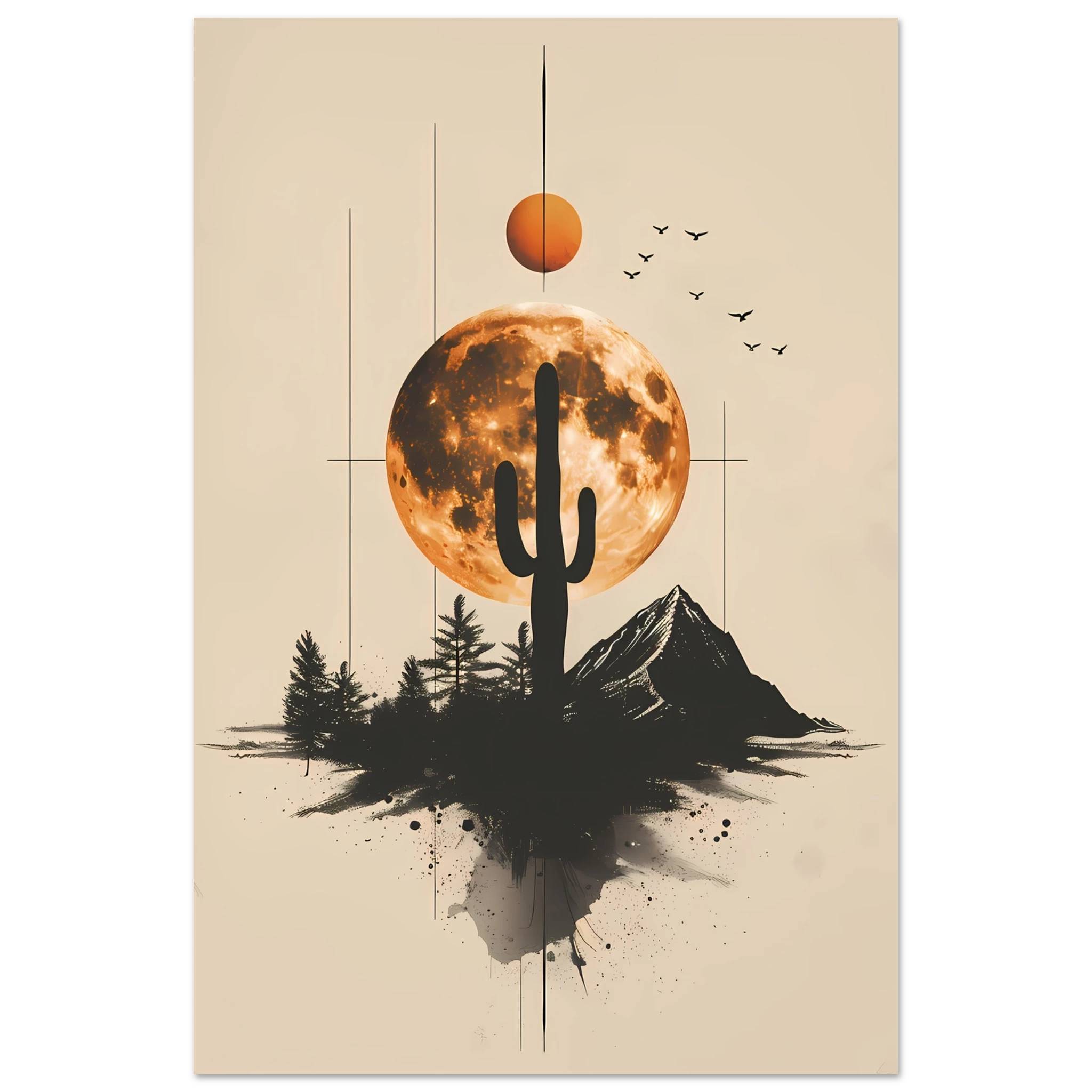 Stylised cactus design with geometric lines and muted tones — minimalist desert art.