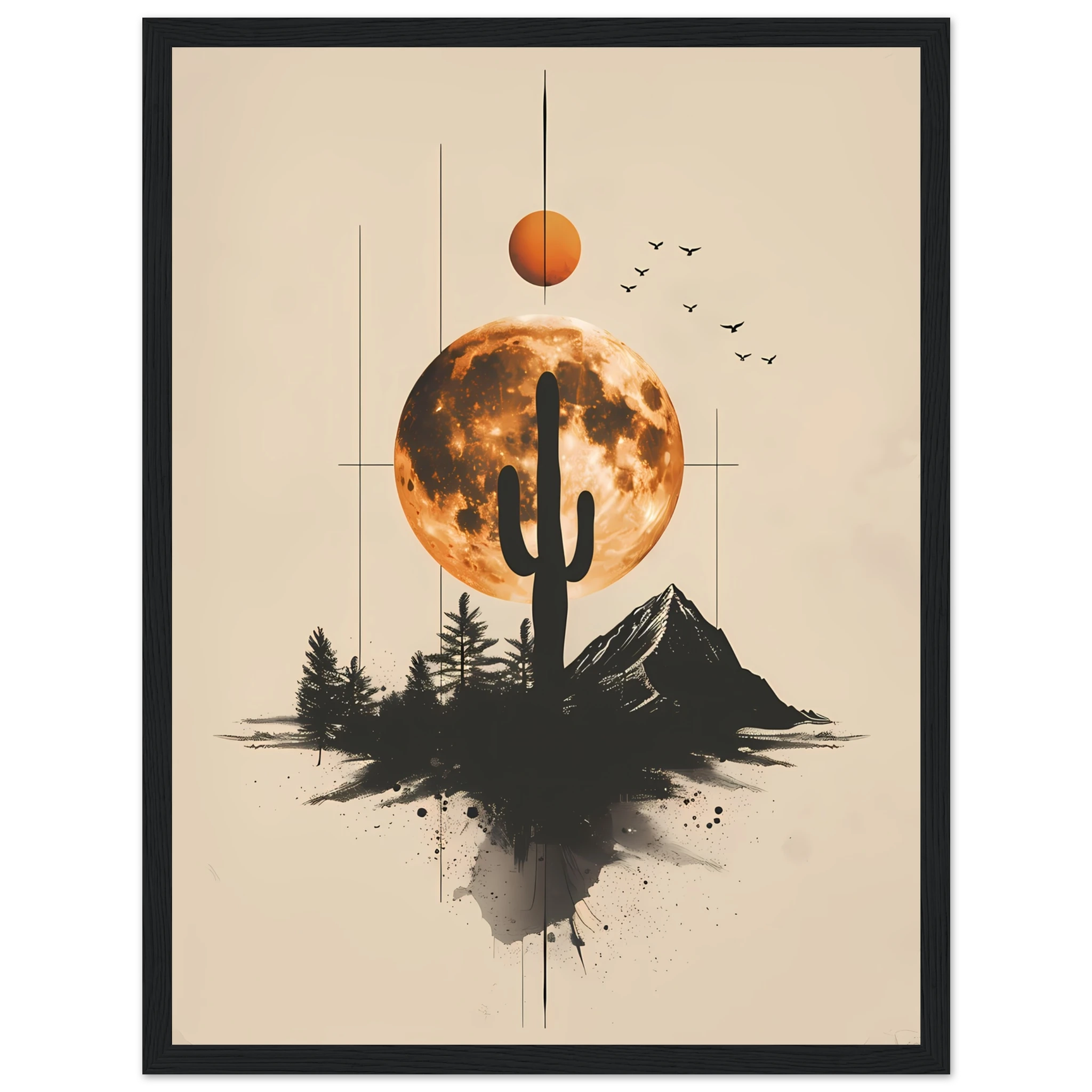 Stylised cactus design with geometric lines and muted tones — minimalist desert art.