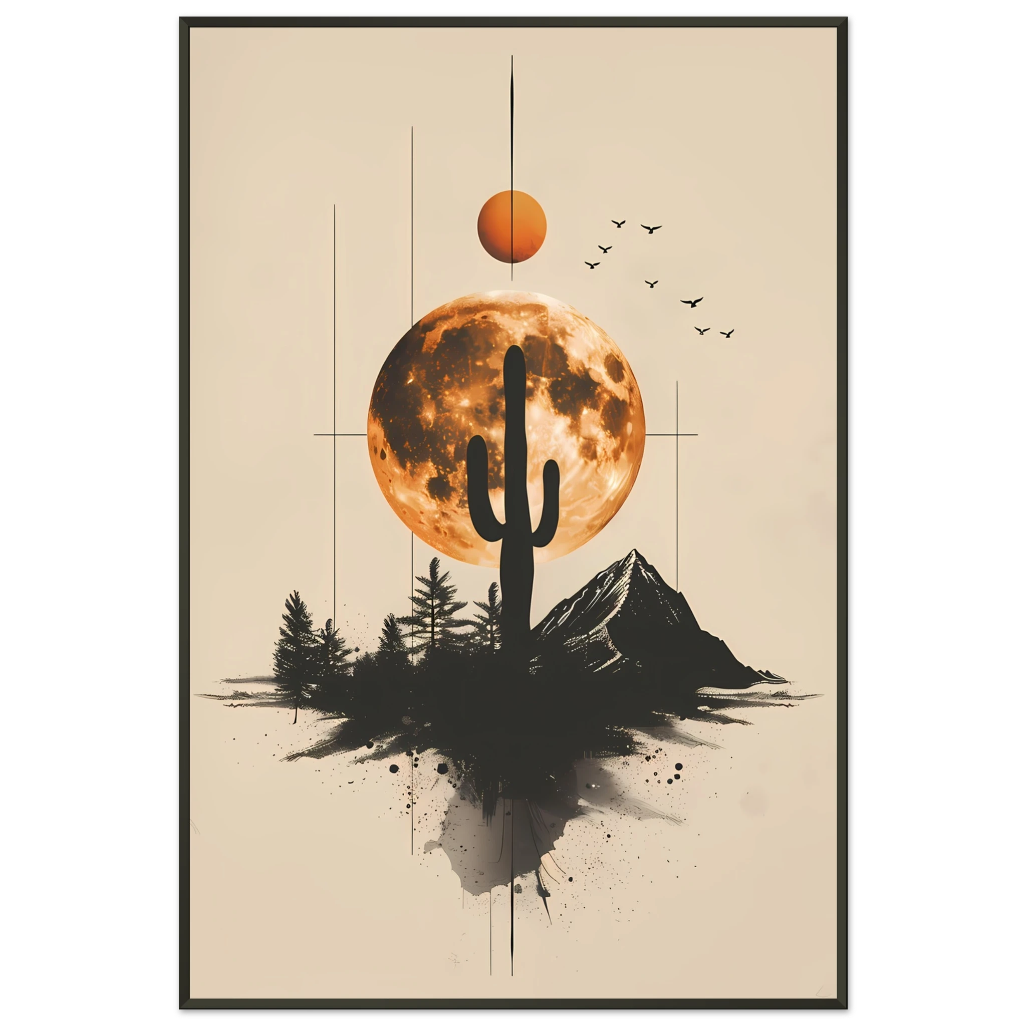 Stylised cactus design with geometric lines and muted tones — minimalist desert art.