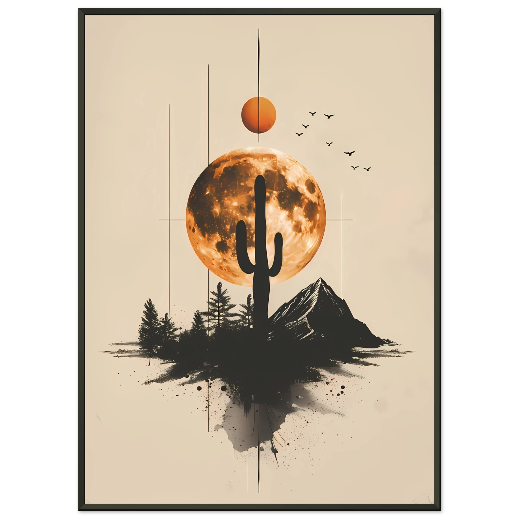 Stylised cactus design with geometric lines and muted tones — minimalist desert art.