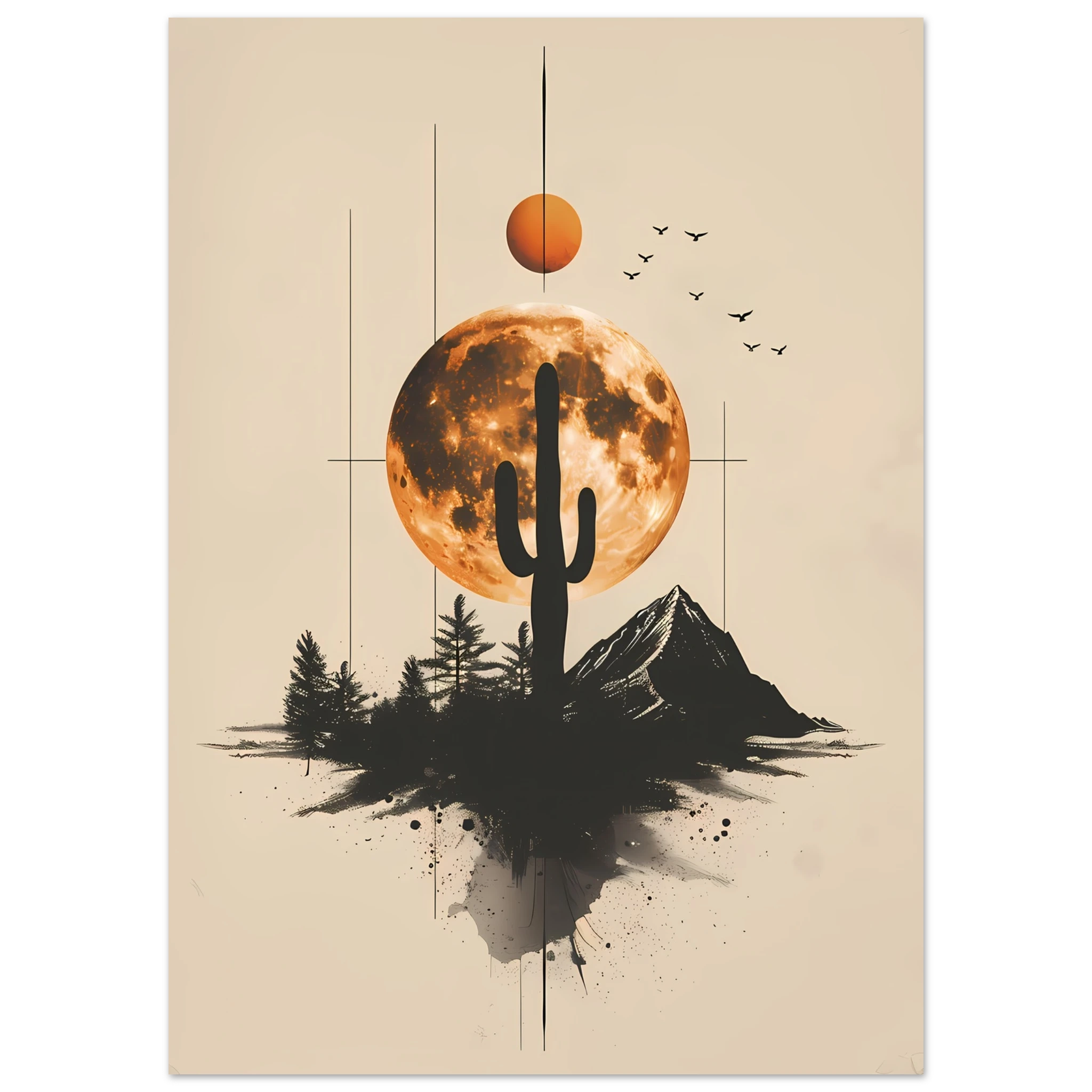 Stylised cactus design with geometric lines and muted tones — minimalist desert art.