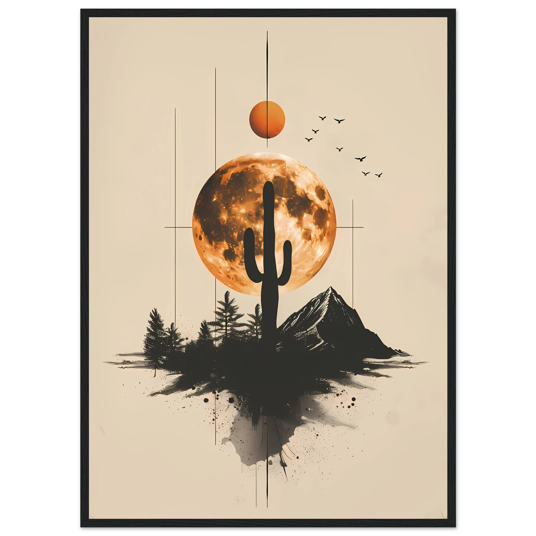 Stylised cactus design with geometric lines and muted tones — minimalist desert art.