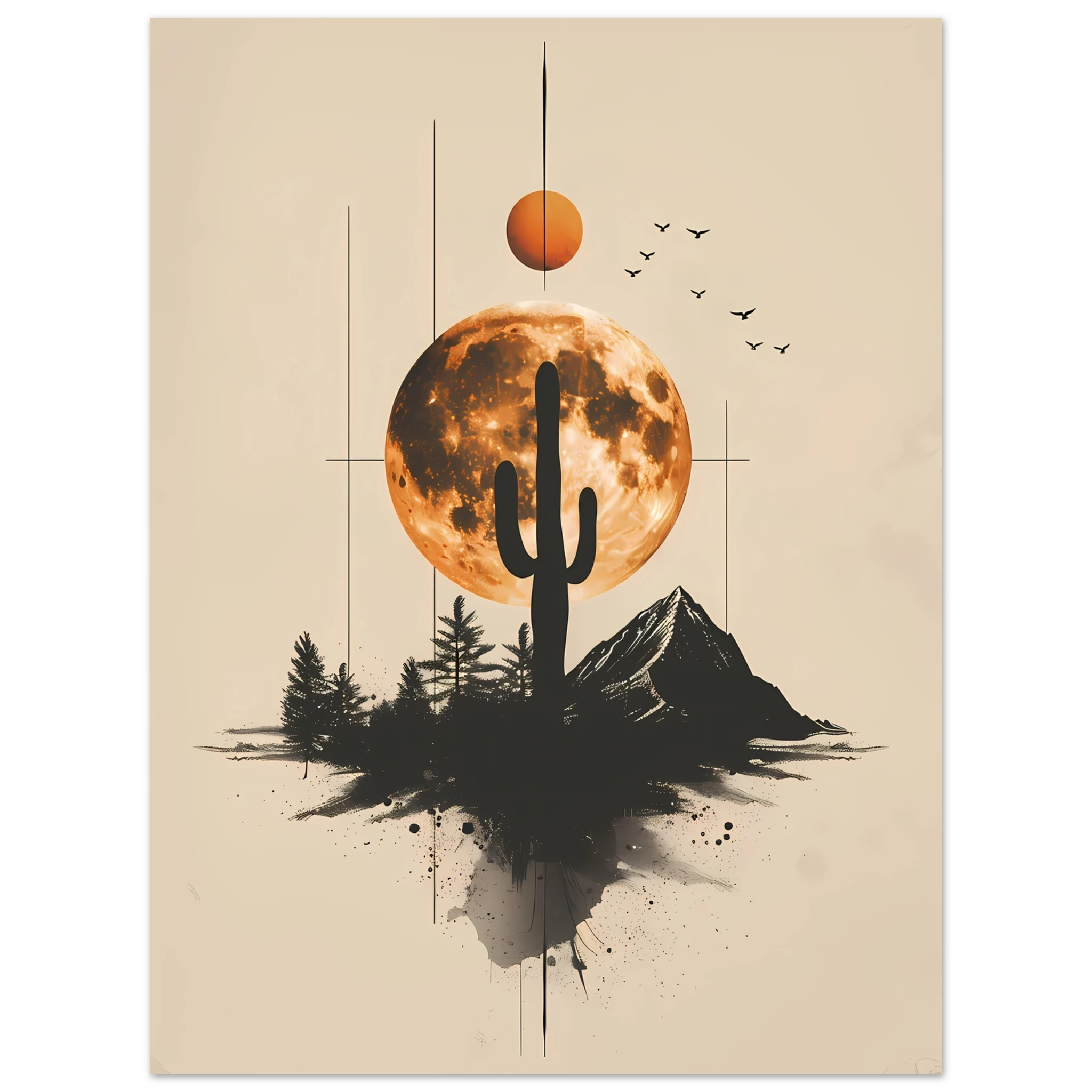 Stylised cactus design with geometric lines and muted tones — minimalist desert art.