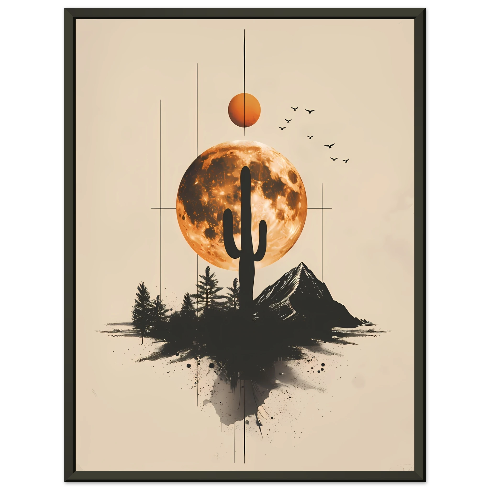 Stylised cactus design with geometric lines and muted tones — minimalist desert art.