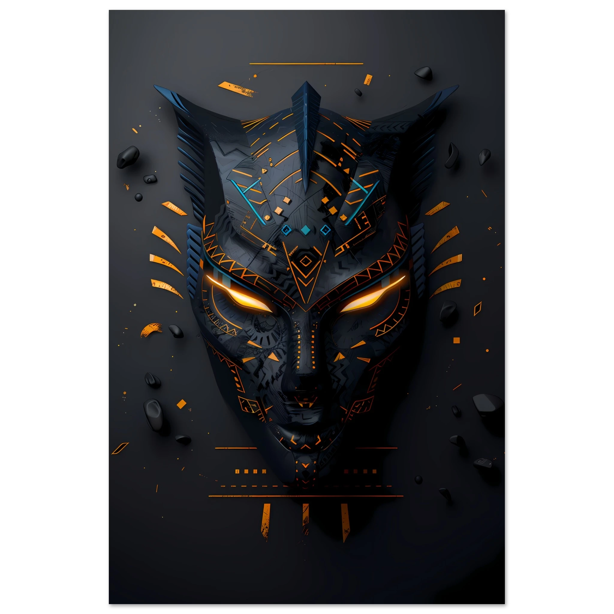 African tribal mask glowing with neon circuits — modern cultural wall print.