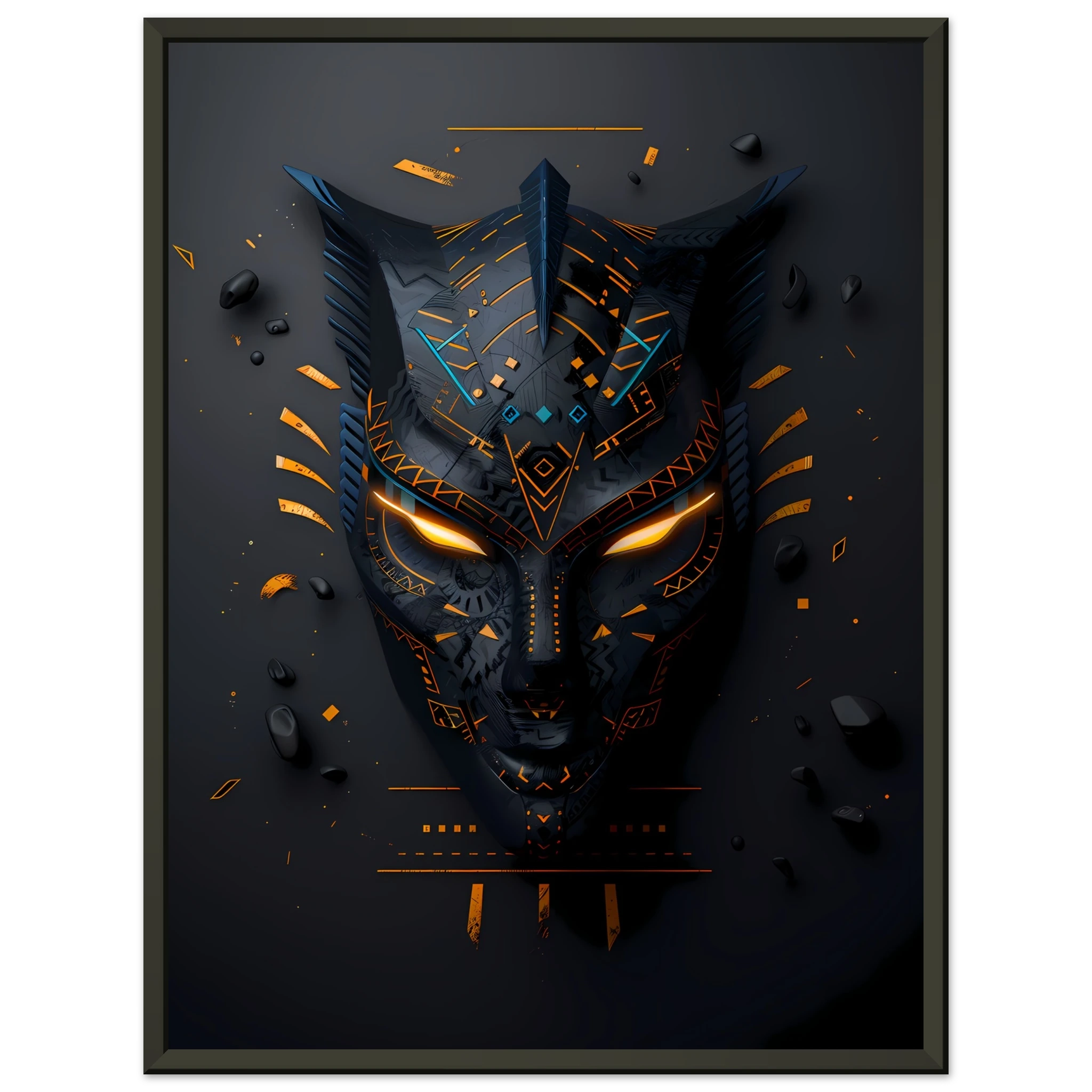 African tribal mask glowing with neon circuits — modern cultural wall print.