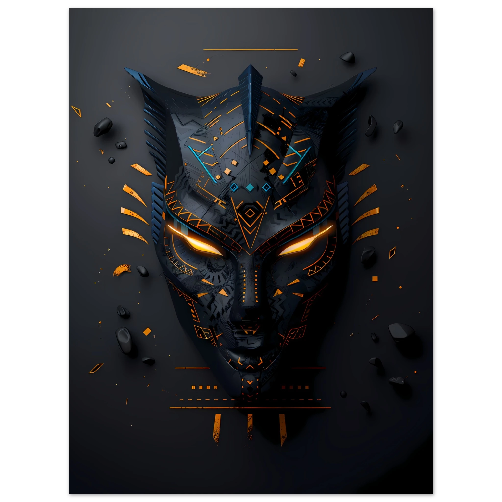 African tribal mask glowing with neon circuits — modern cultural wall print.