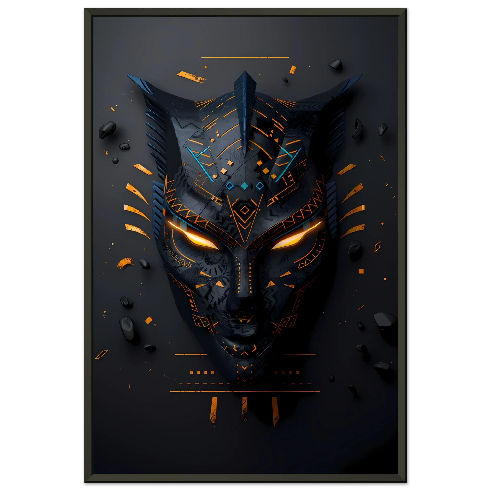 African tribal mask glowing with neon circuits — modern cultural wall print.