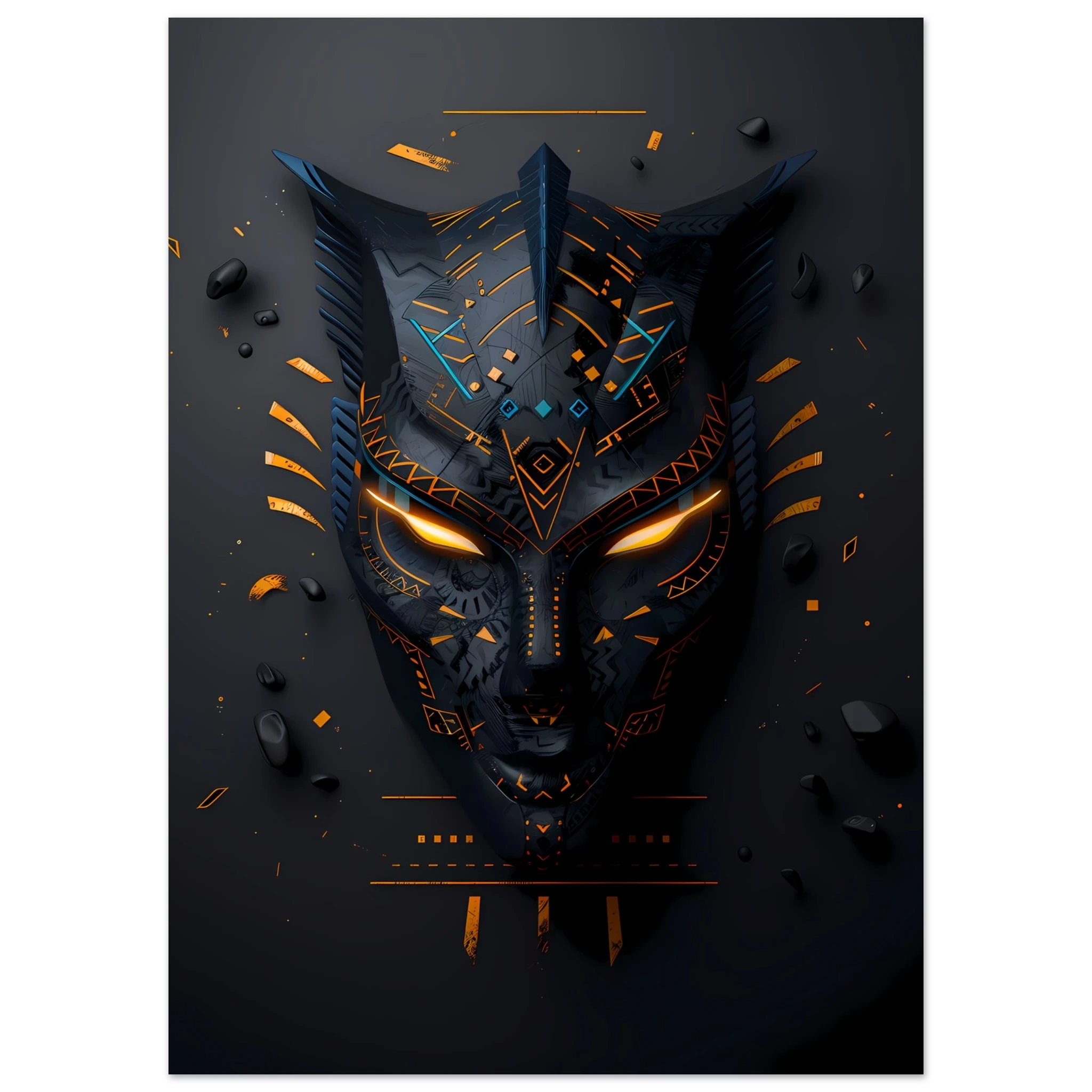 African tribal mask glowing with neon circuits — modern cultural wall print.