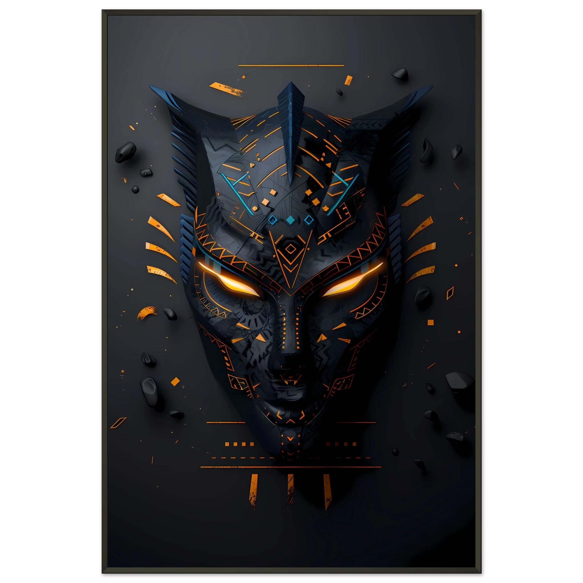African tribal mask glowing with neon circuits — modern cultural wall print.