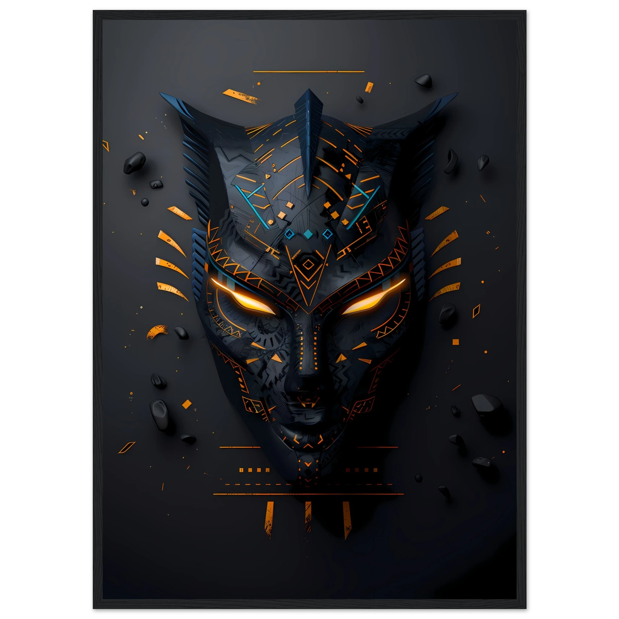 African tribal mask glowing with neon circuits — modern cultural wall print.