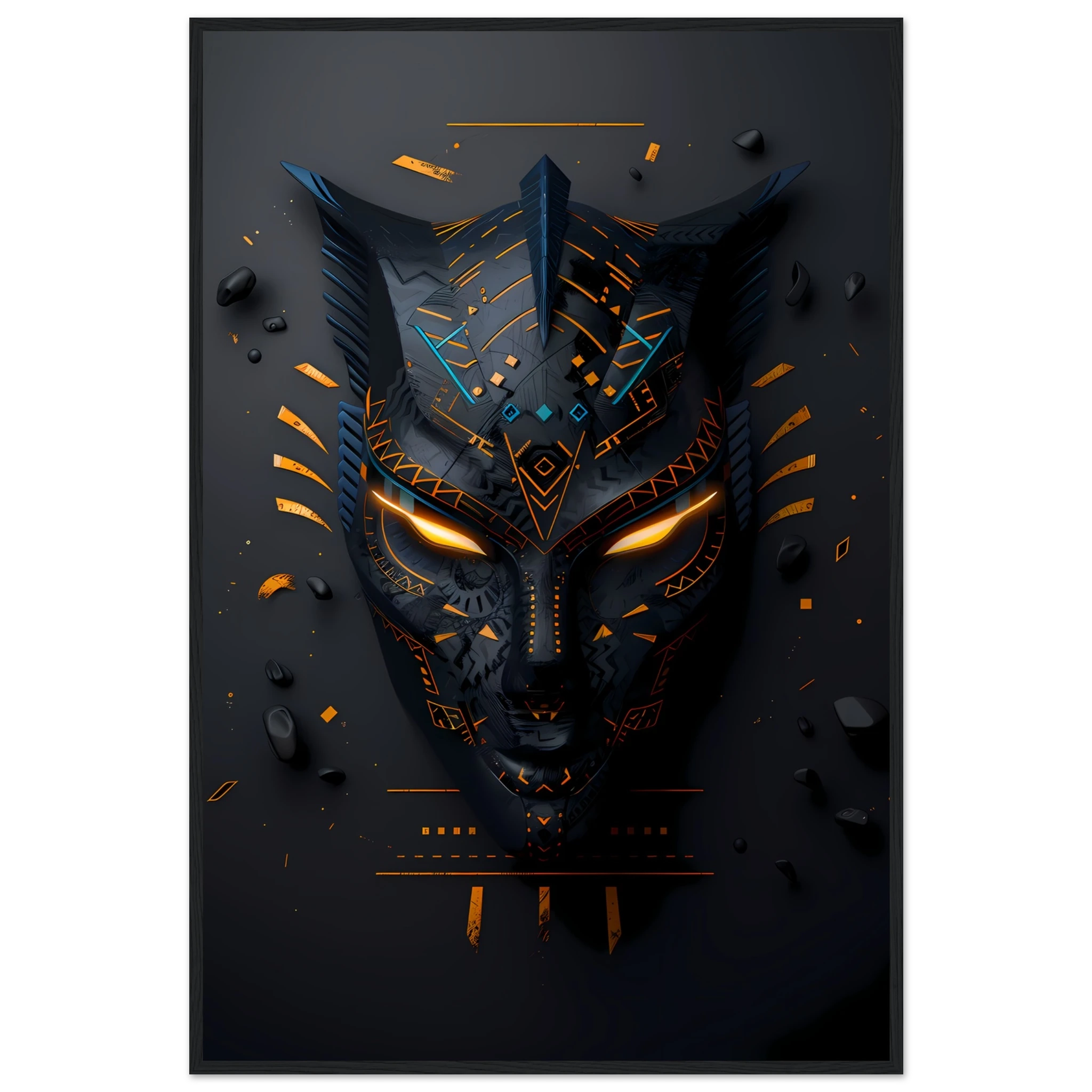 African tribal mask glowing with neon circuits — modern cultural wall print.