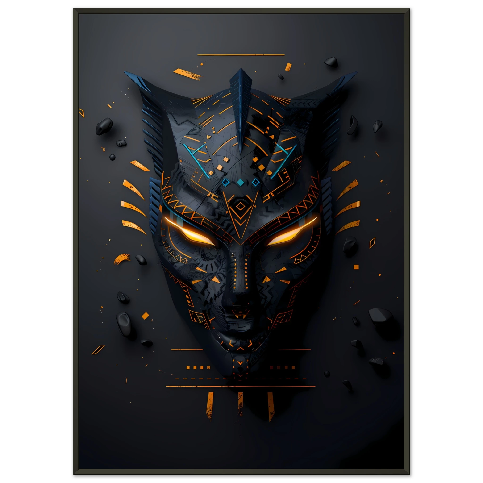African tribal mask glowing with neon circuits — modern cultural wall print.
