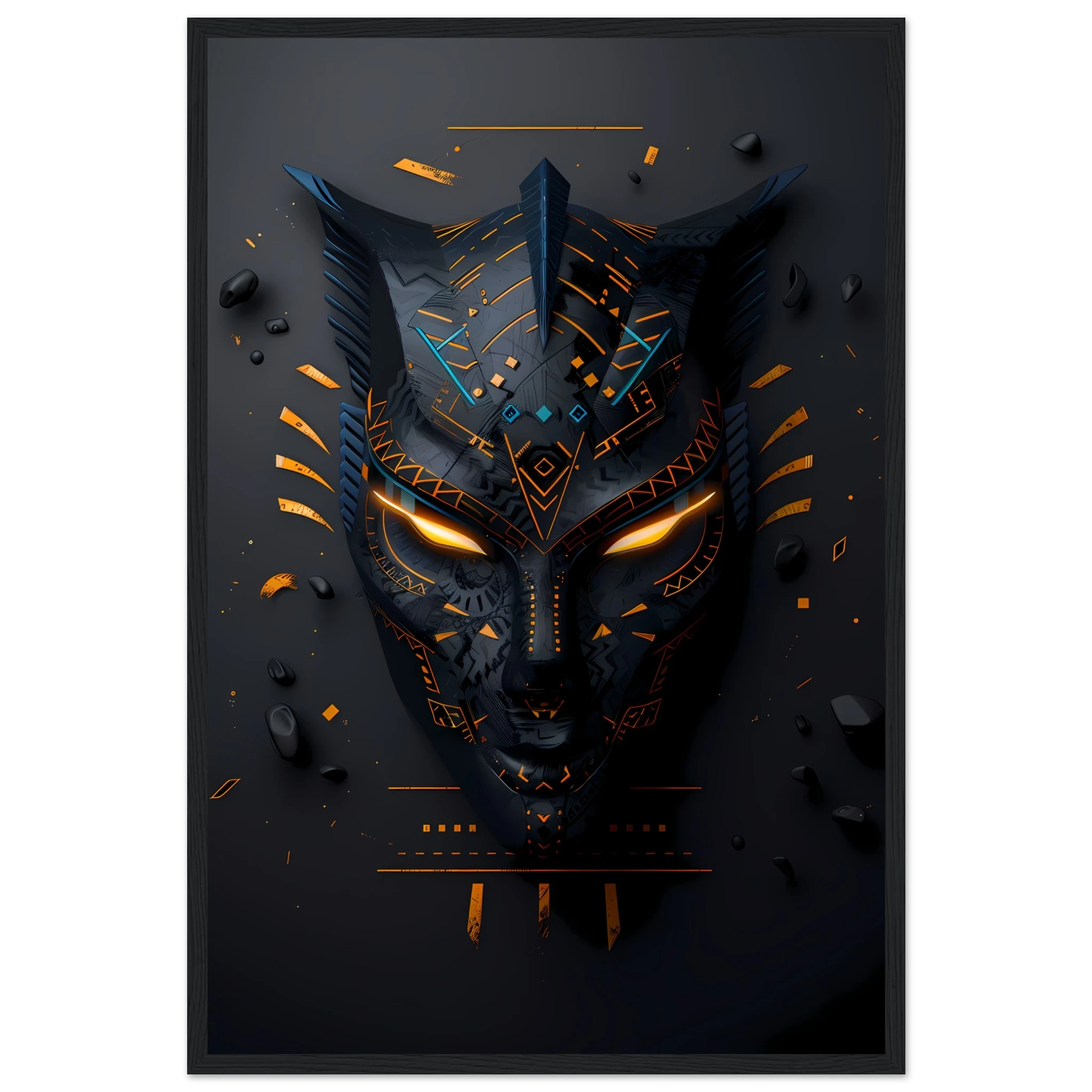 African tribal mask glowing with neon circuits — modern cultural wall print.