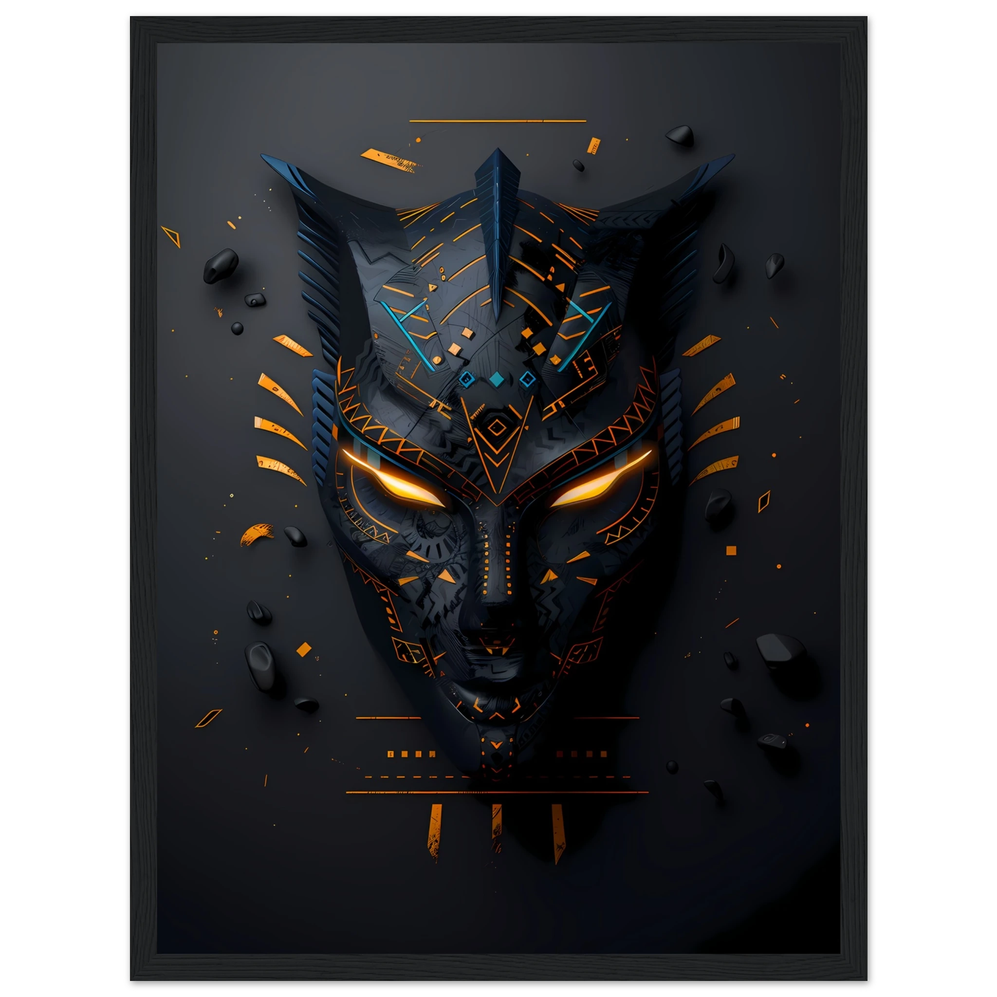 African tribal mask glowing with neon circuits — modern cultural wall print.