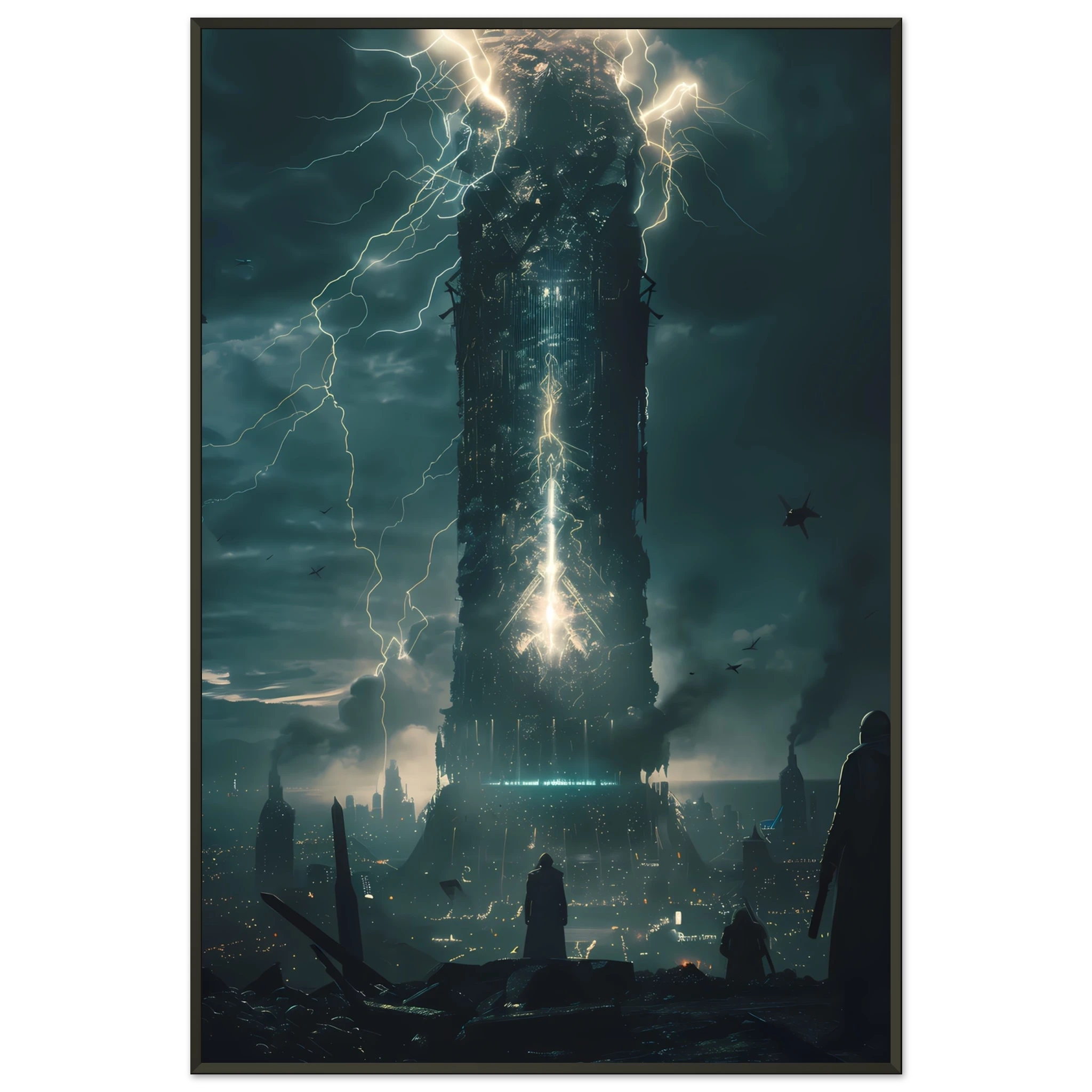 AI Core Tower – Futuristic Energy City Wall Art UK with metallic frame, featuring a stormy futuristic city and central glowing skyscraper.
