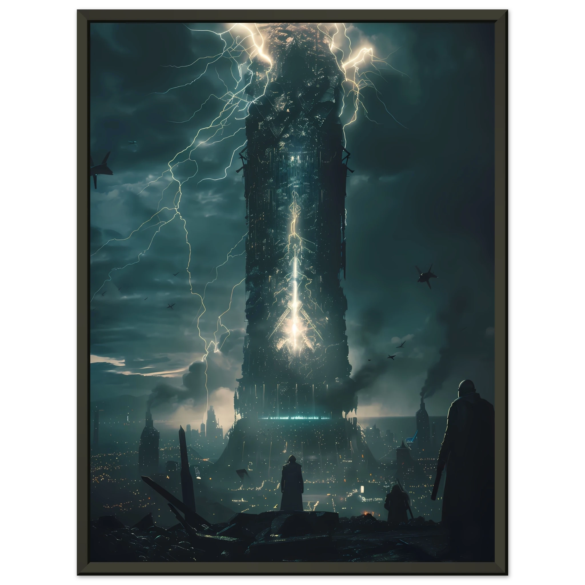 AI Core Tower – Futuristic Energy City Wall Art UK in dark frame, perfect for sci-fi lovers seeking dramatic cityscape artwork.