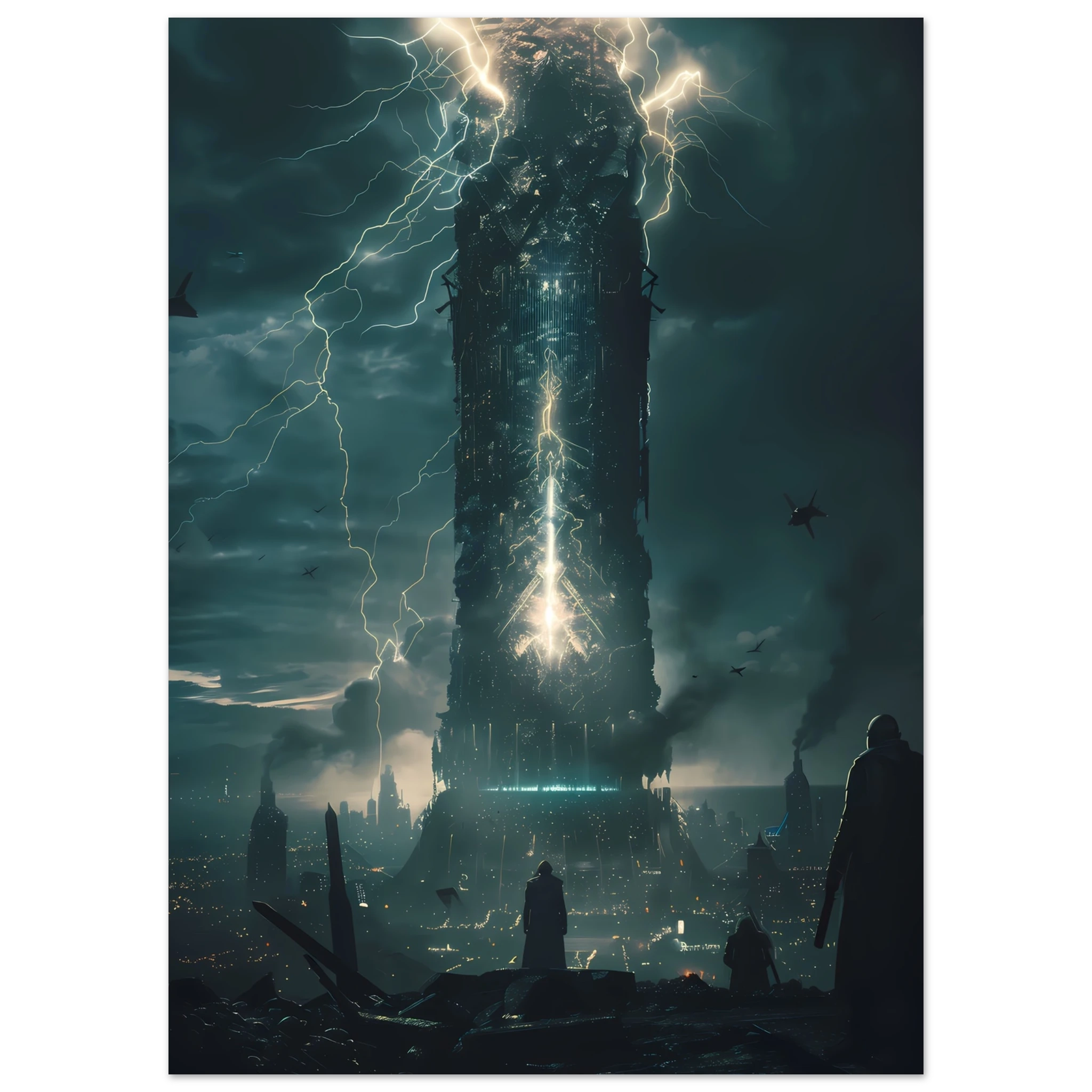 AI Core Tower – Futuristic Energy City Wall Art UK print with minimal frame, capturing a high-tech tower amid a glowing city under lightning.