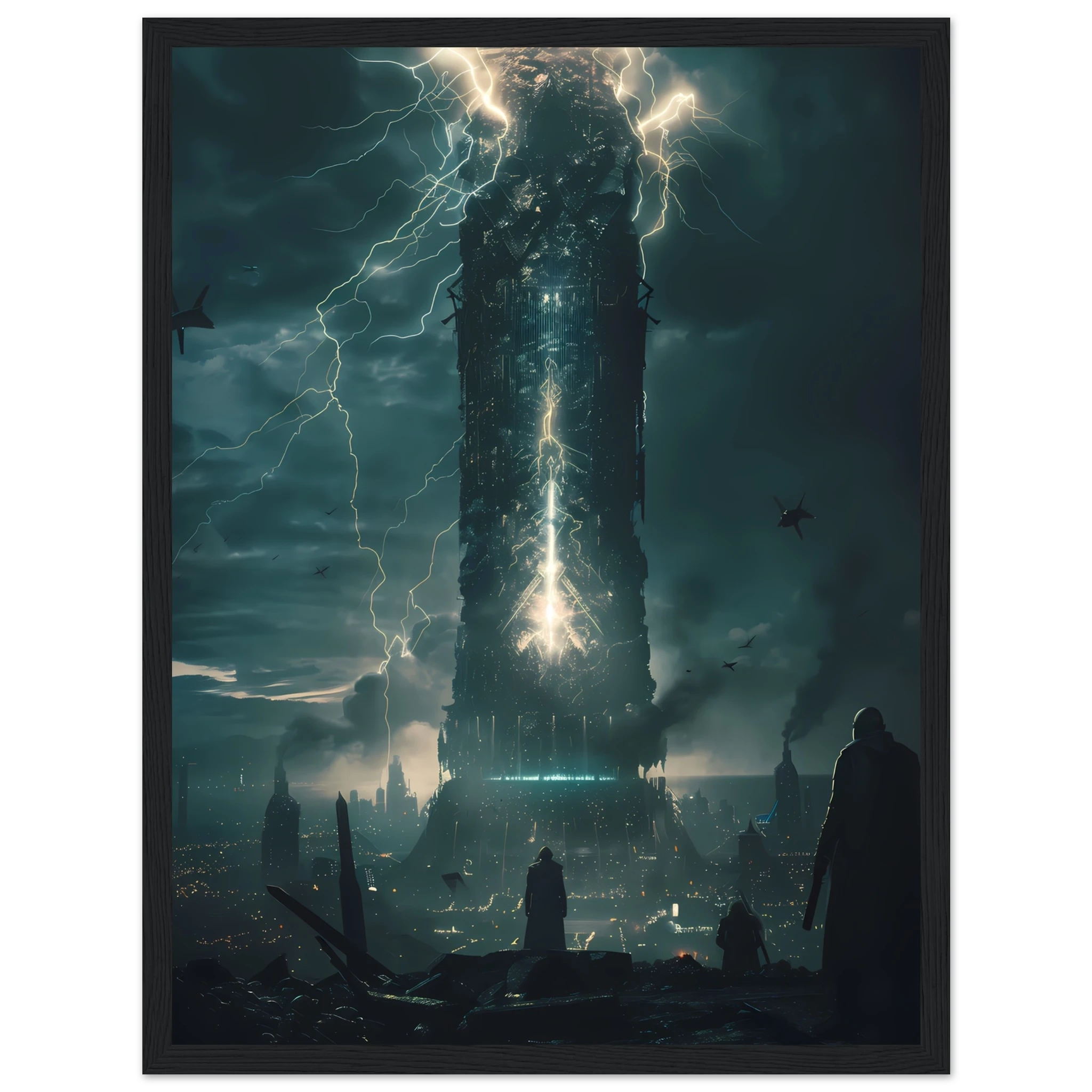 AI Core Tower – Futuristic Energy City Wall Art UK print with dark sci-fi skyline and glowing tower, framed in black wood for modern decor.