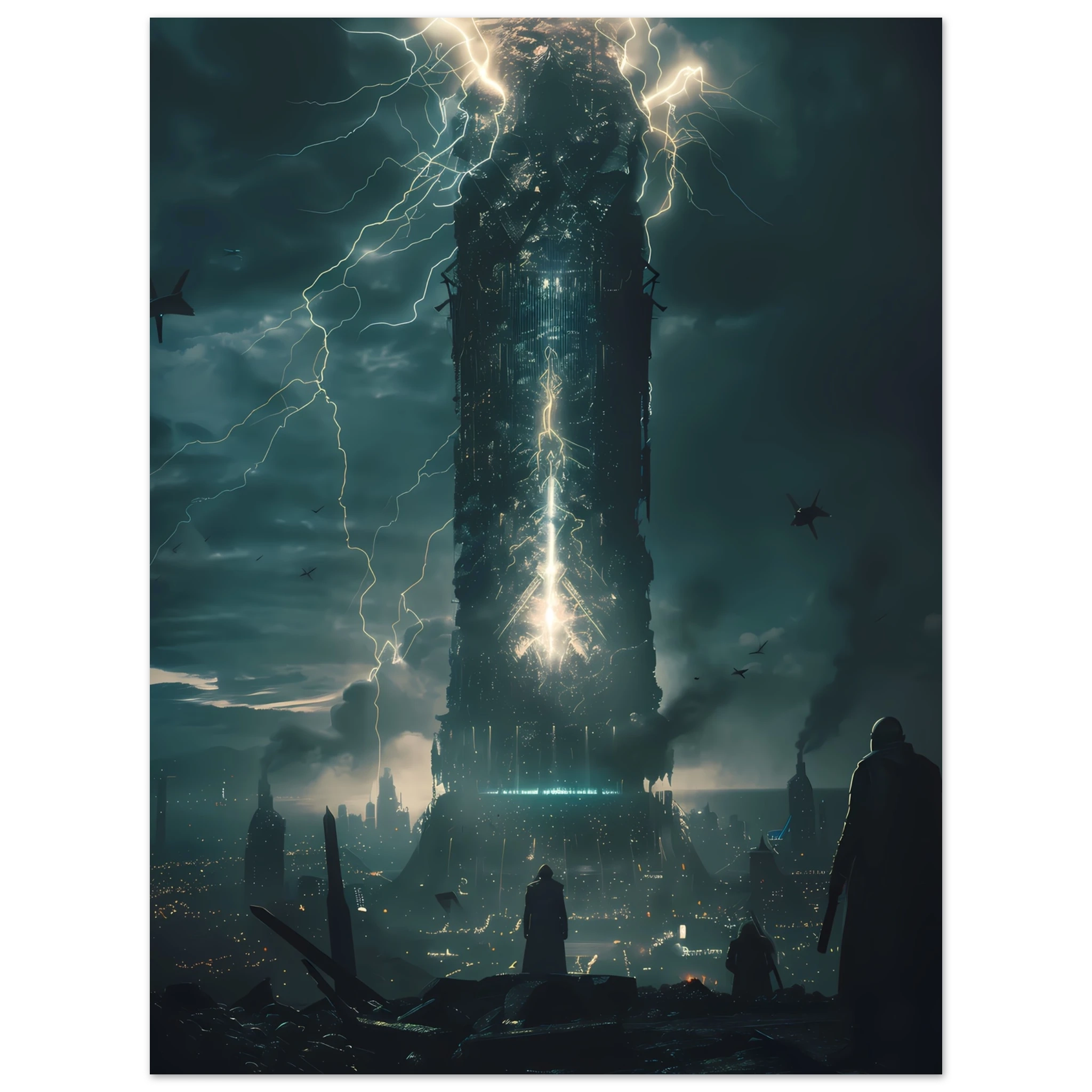 AI Core Tower – Futuristic Energy City Wall Art UK print on glossy paper, featuring a neon-lit tower in a dystopian cityscape.