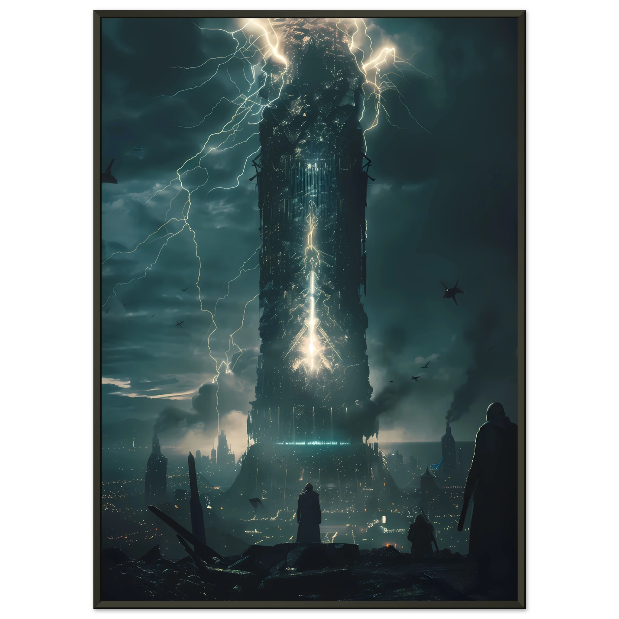 AI Core Tower – Futuristic Energy City Wall Art UK print with metal frame, showcasing a lightning-charged tower in a futuristic city.