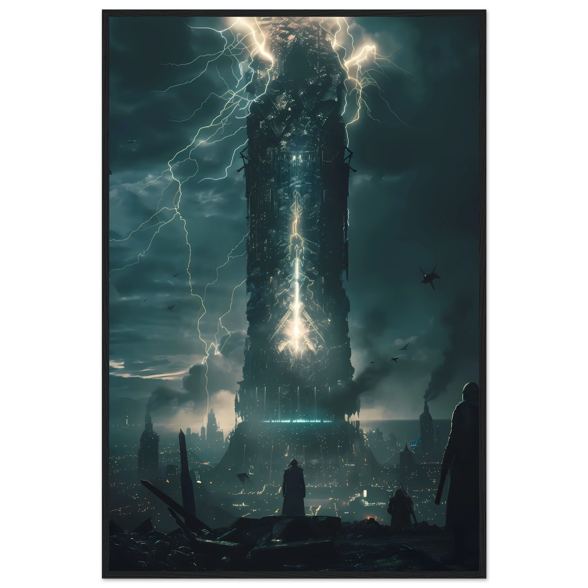 AI Core Tower – Futuristic Energy City Wall Art UK print with sleek silver frame, depicting a glowing tech tower in a neon-lit megacity.