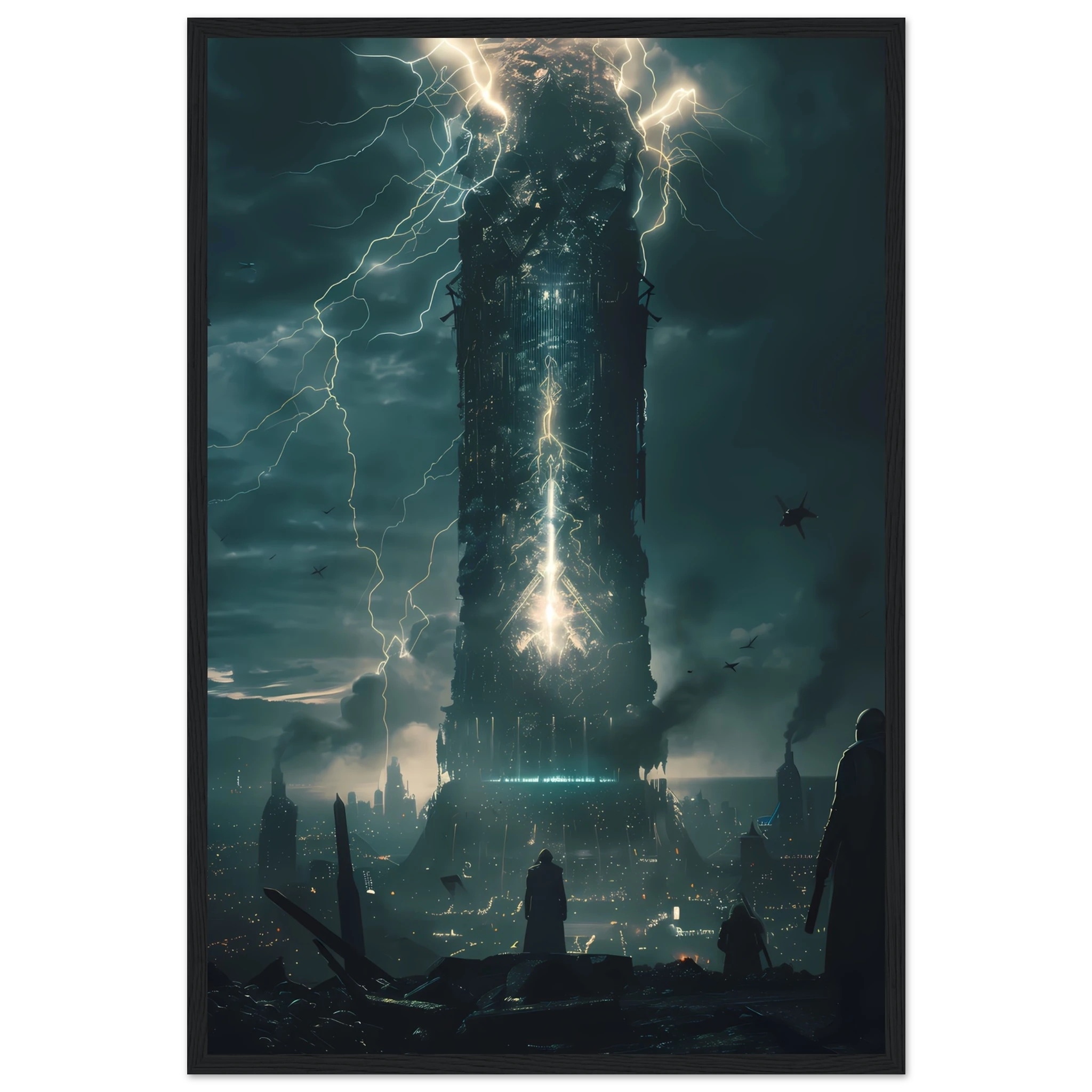 AI Core Tower – Futuristic Energy City Wall Art UK print with chrome frame, presenting a sci-fi city powered by a glowing central tower.