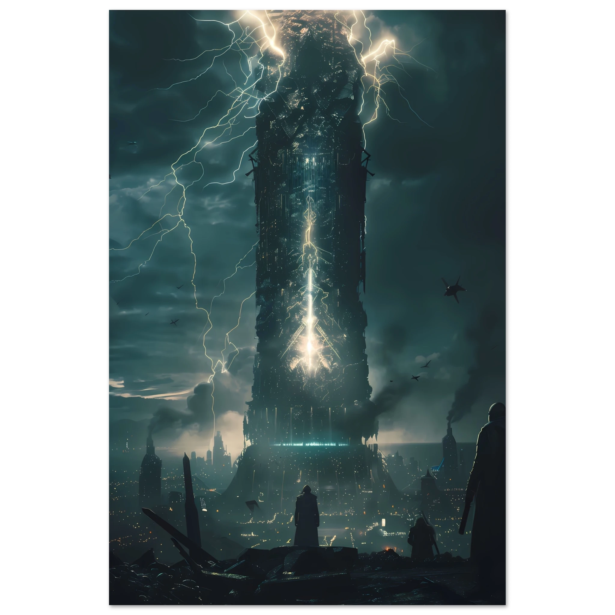 AI Core Tower – Futuristic Energy City Wall Art UK with matte finish, showcasing a high-tech tower amid a dark, neon-lit city skyline.