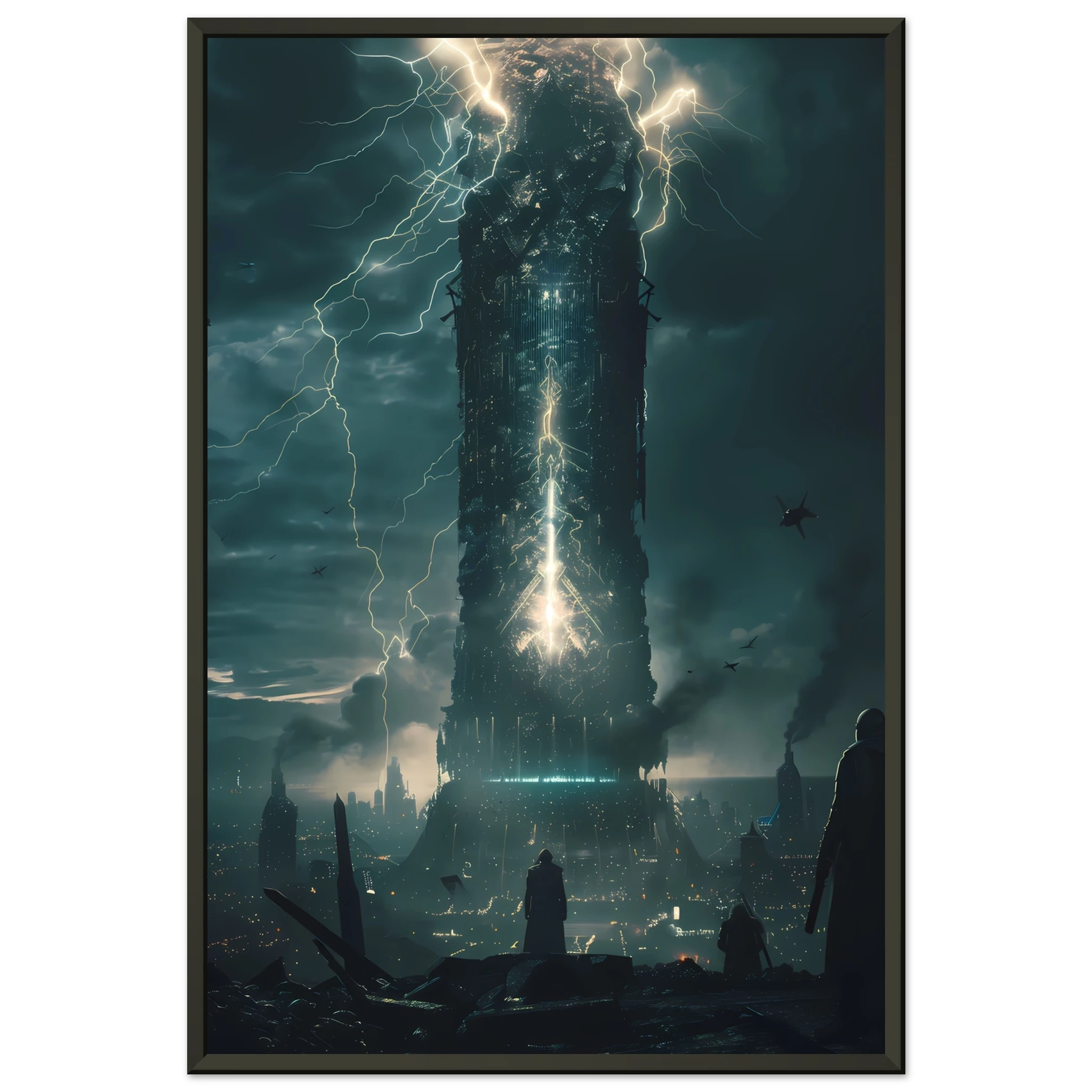 AI Core Tower – Futuristic Energy City Wall Art UK with wood frame, highlighting a luminous tower surrounded by storm clouds and flying drones.