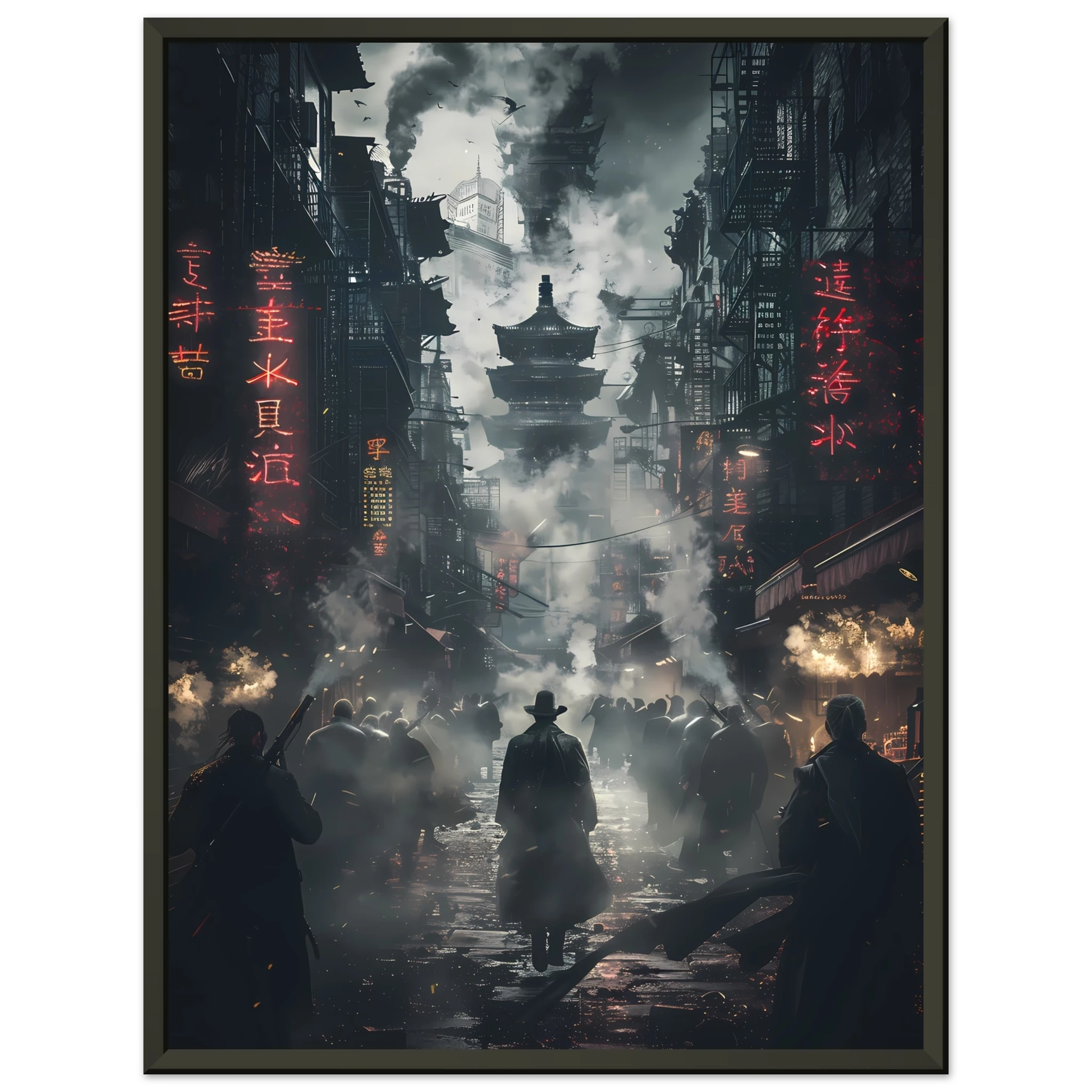 Dark cyberpunk alley glowing with neon signs and steam — moody futuristic city wall art.