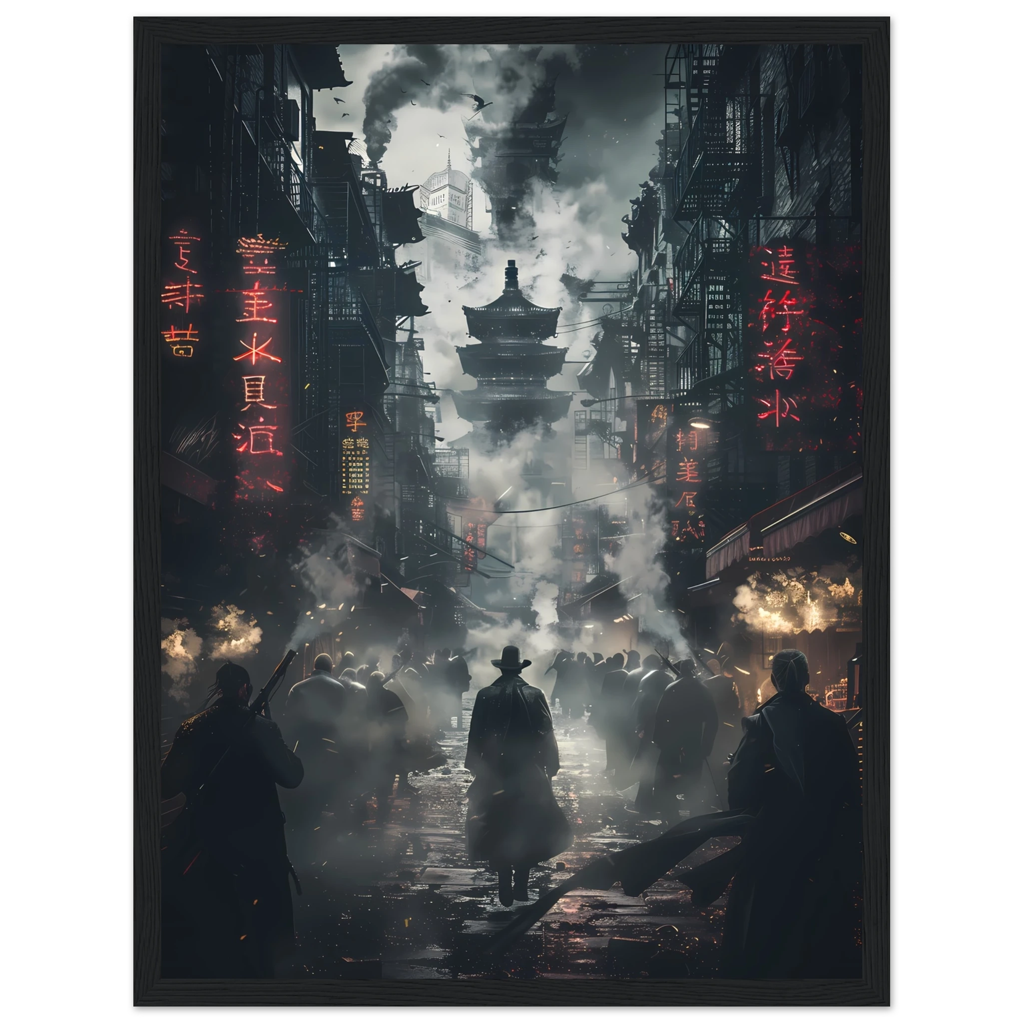 Dark cyberpunk alley glowing with neon signs and steam — moody futuristic city wall art.
