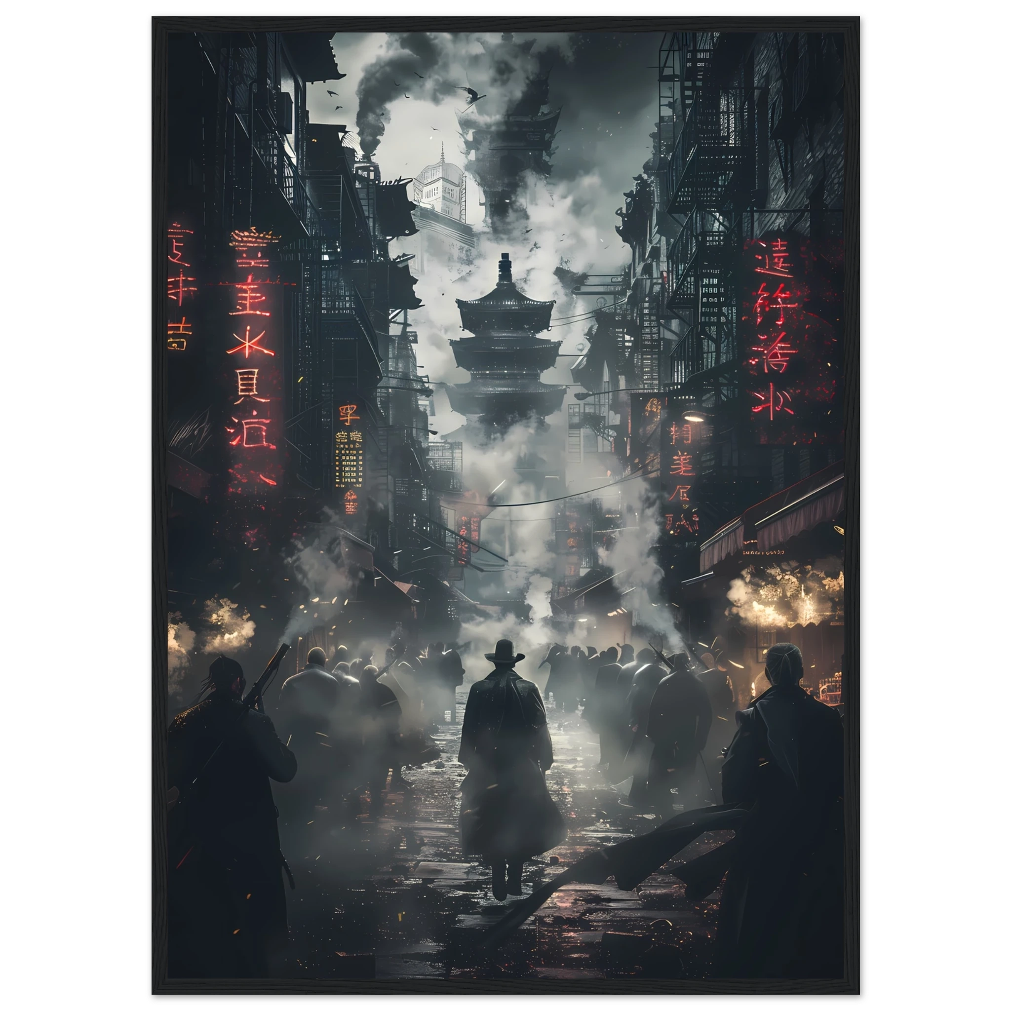 Dark cyberpunk alley glowing with neon signs and steam — moody futuristic city wall art.