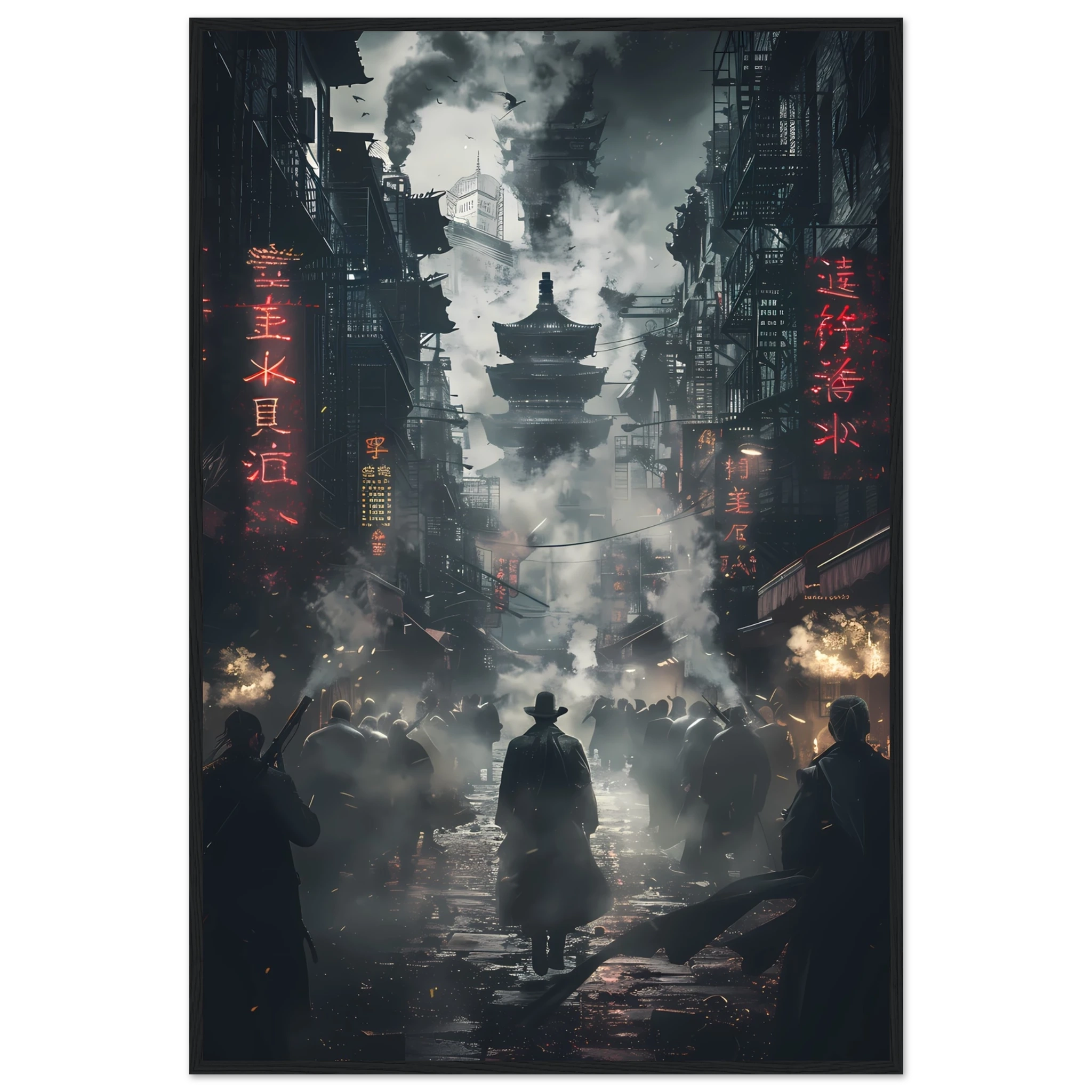 Dark cyberpunk alley glowing with neon signs and steam — moody futuristic city wall art.