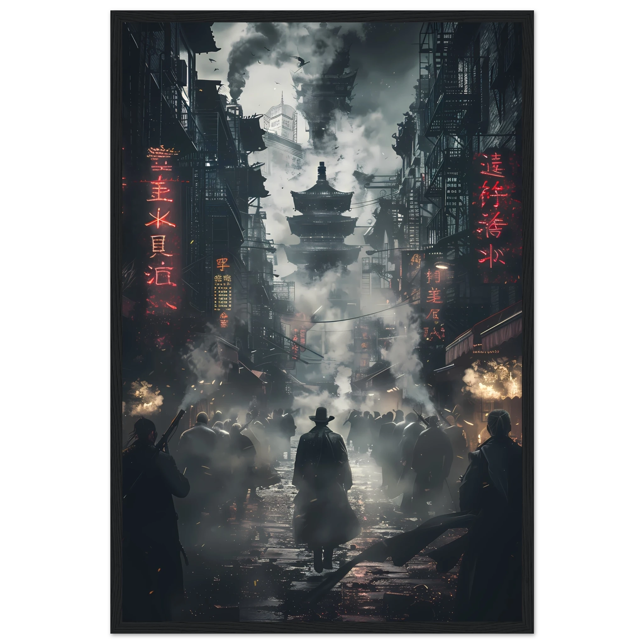 Dark cyberpunk alley glowing with neon signs and steam — moody futuristic city wall art.