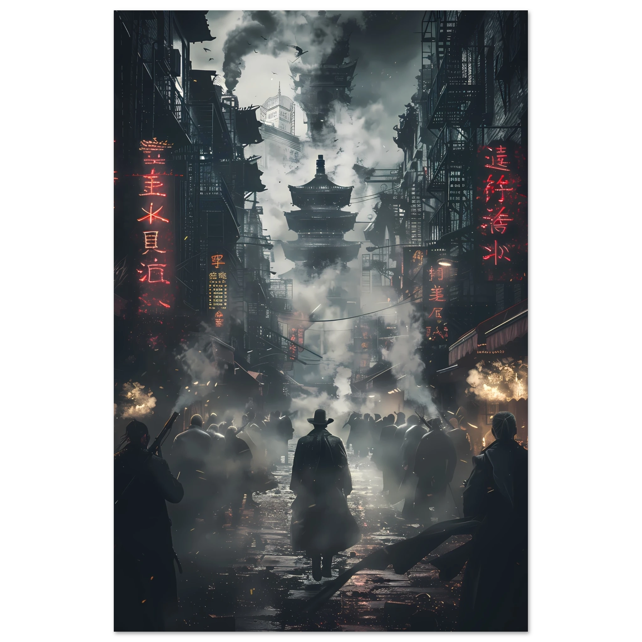 Dark cyberpunk alley glowing with neon signs and steam — moody futuristic city wall art.