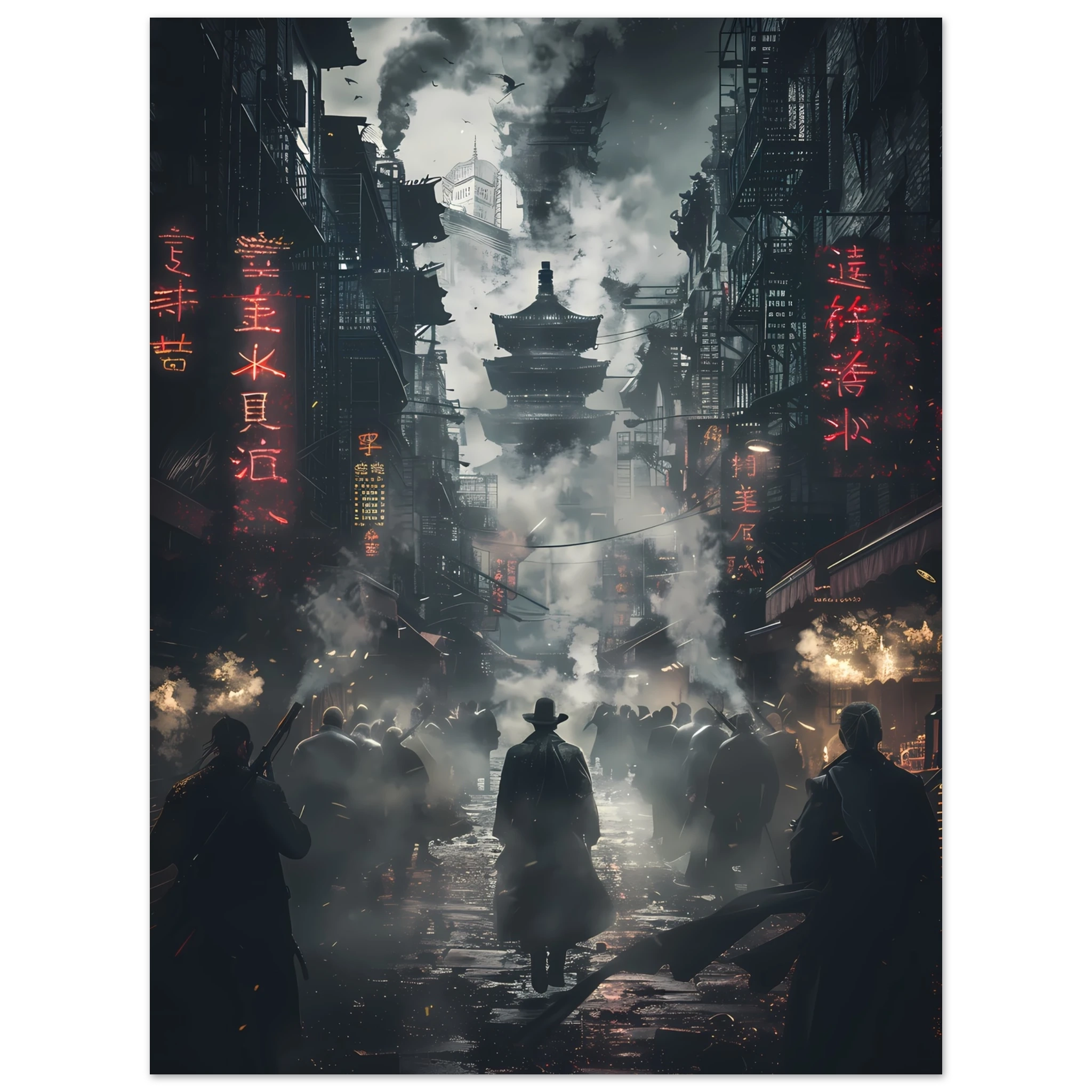 Dark cyberpunk alley glowing with neon signs and steam — moody futuristic city wall art.