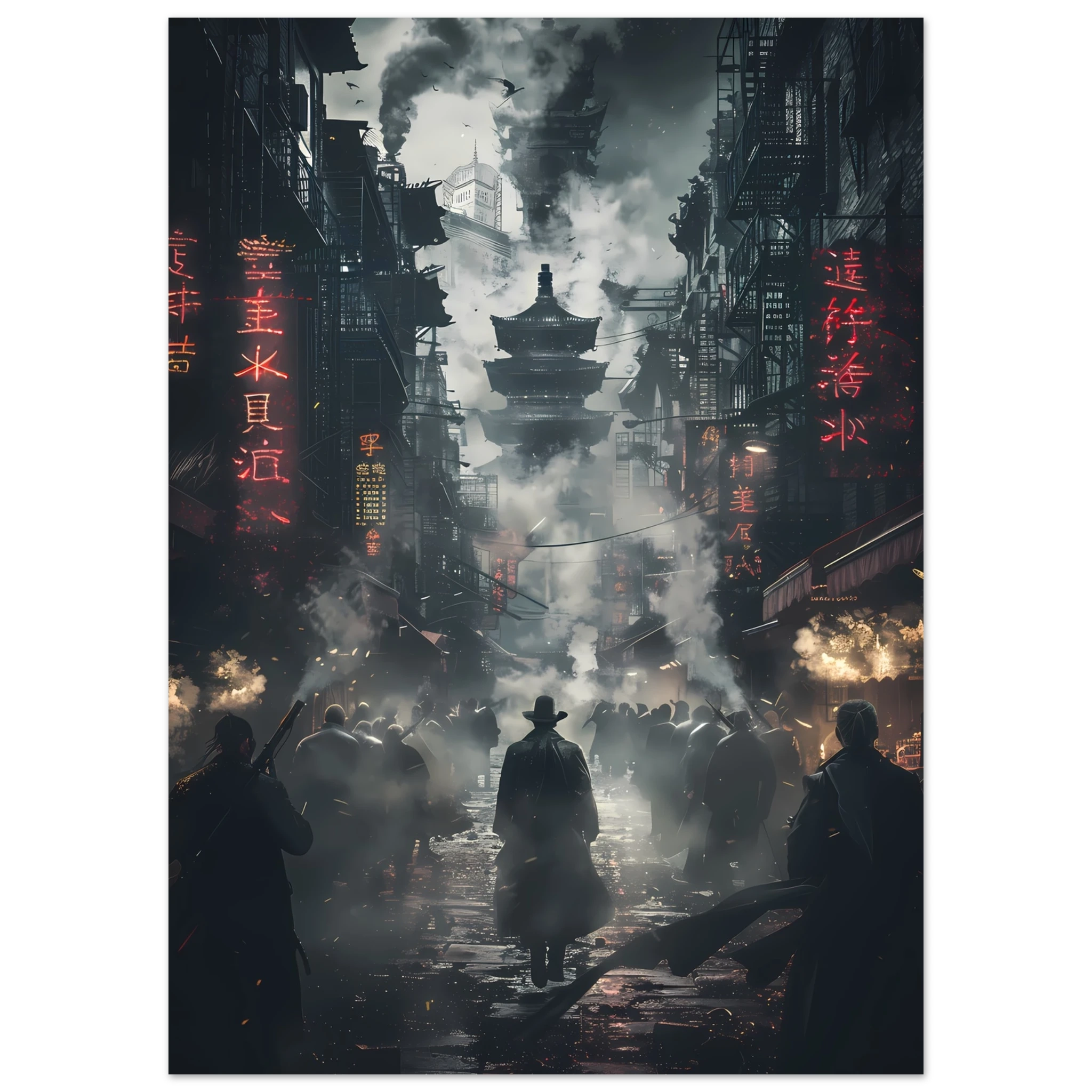 Dark cyberpunk alley glowing with neon signs and steam — moody futuristic city wall art.