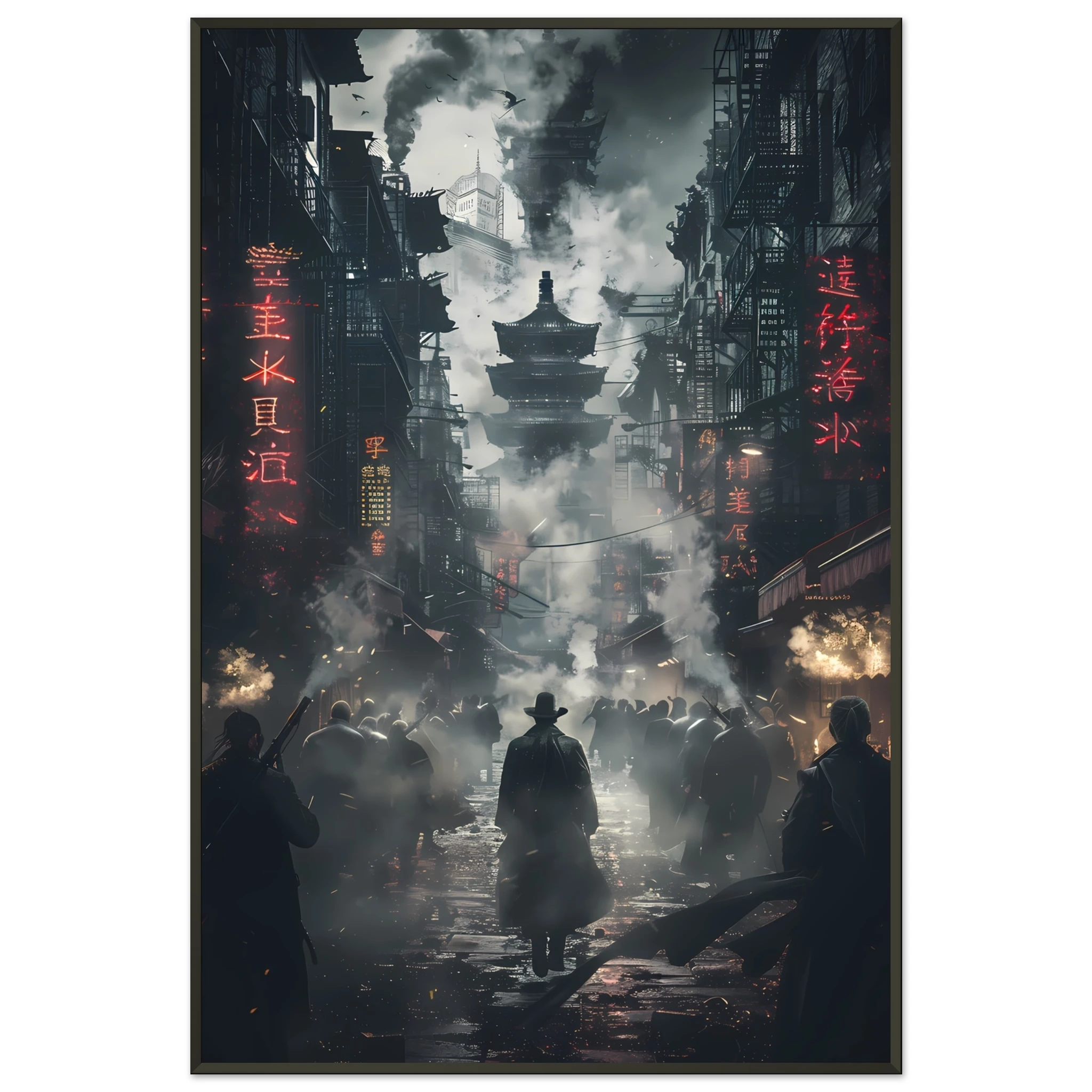 Dark cyberpunk alley glowing with neon signs and steam — moody futuristic city wall art.