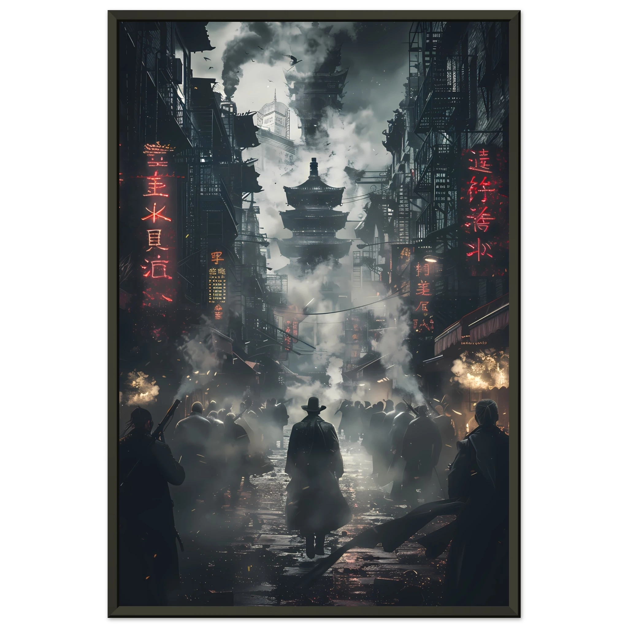 Dark cyberpunk alley glowing with neon signs and steam — moody futuristic city wall art.